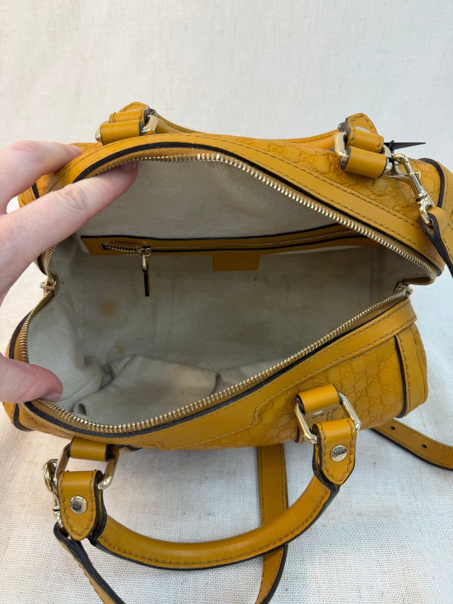 Gucci Mustard Yellow Leather Microguccissima Boston Bag