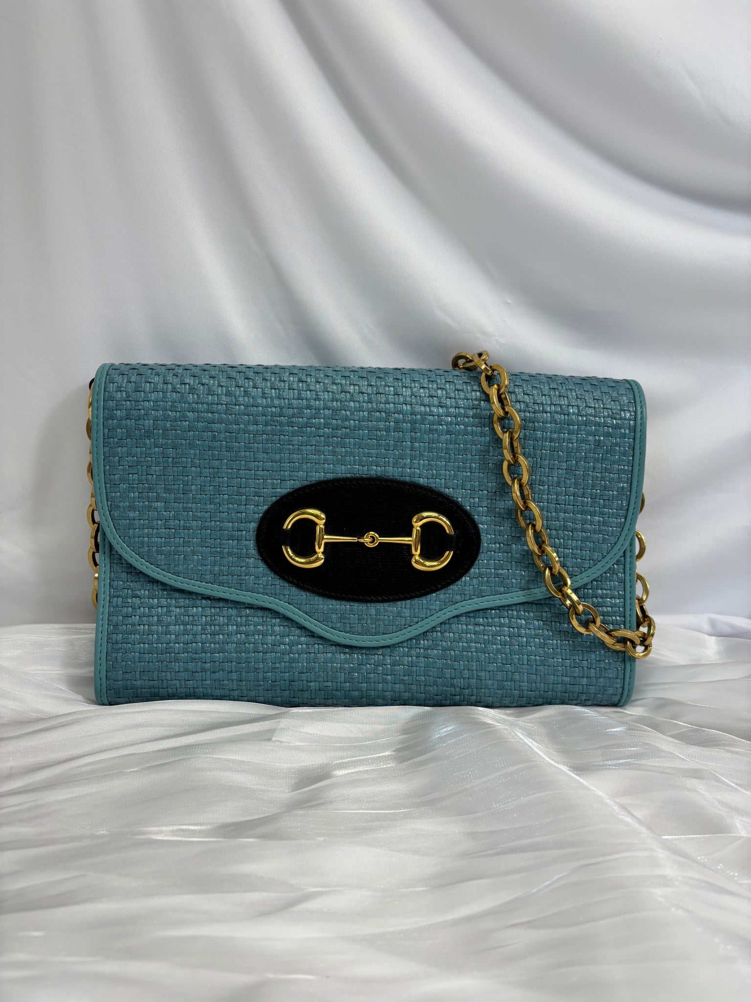 Gucci Blue Raffia Horsebit 1955 Curved Flap Bag