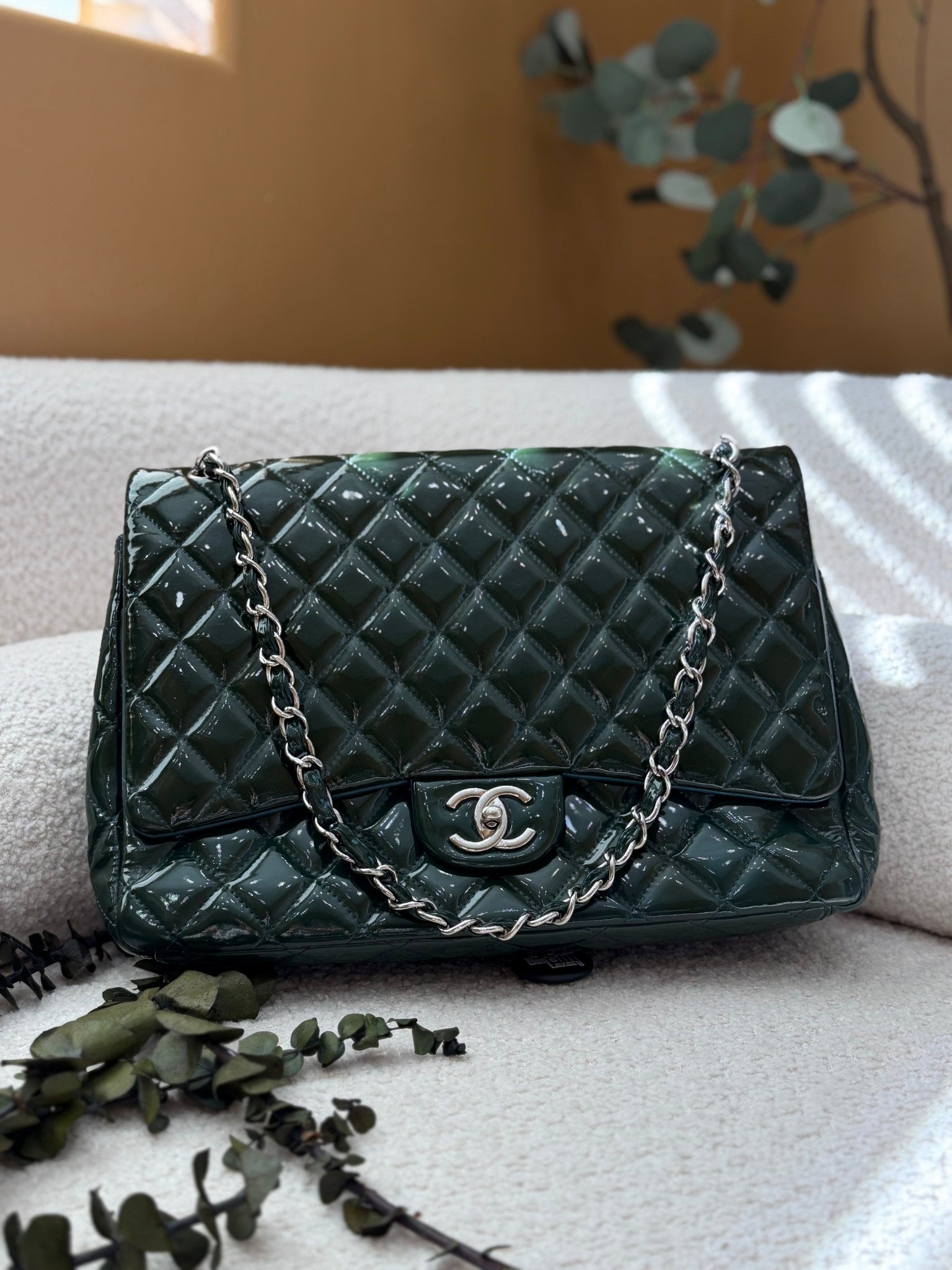 Chanel Dark Green Quilted Patent Leather Maxi Double Flap Bag