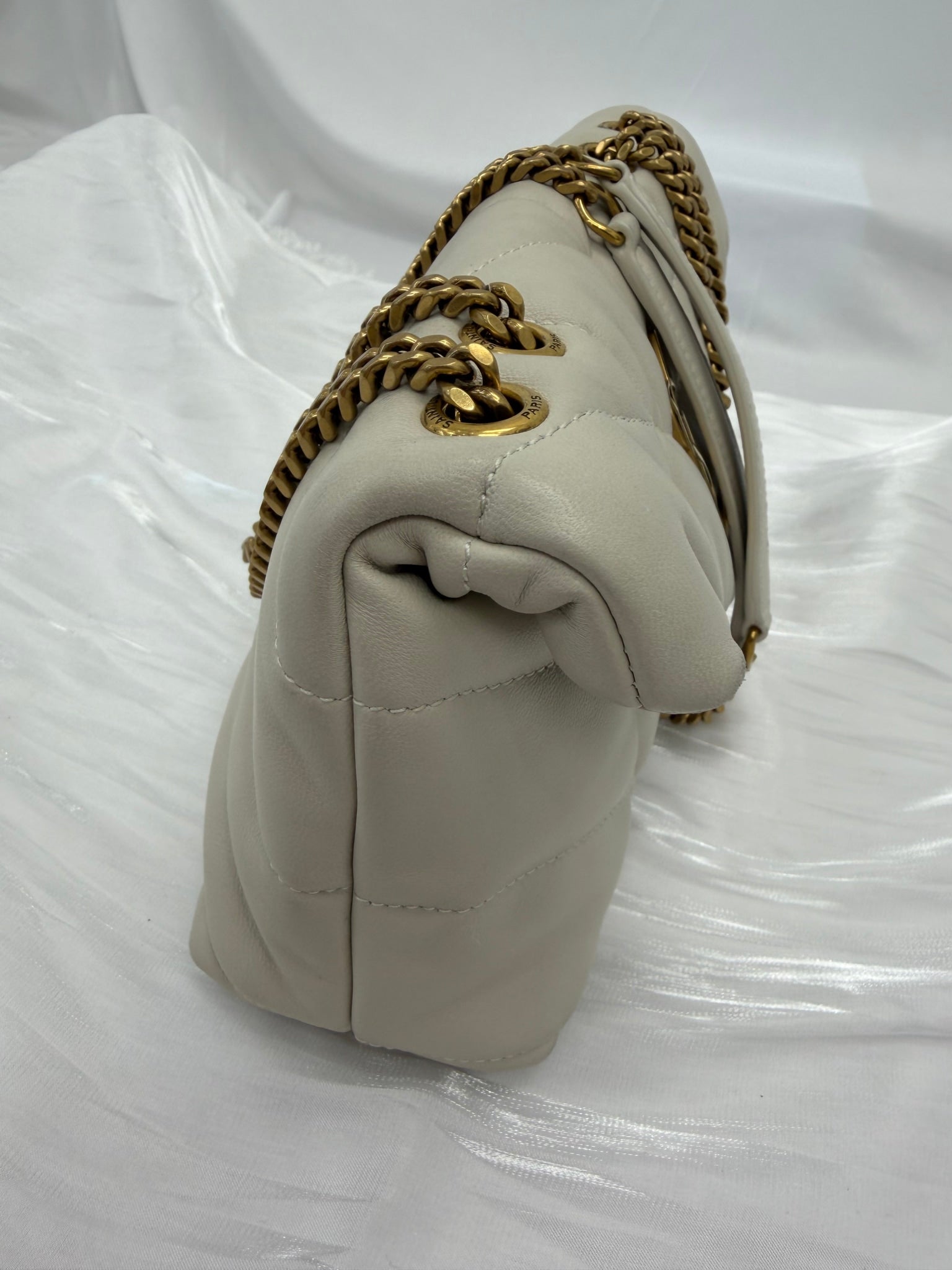 Saint Laurent YSL Beige Lambskin Quilted Toy Loulou Puffer Chain Satchel