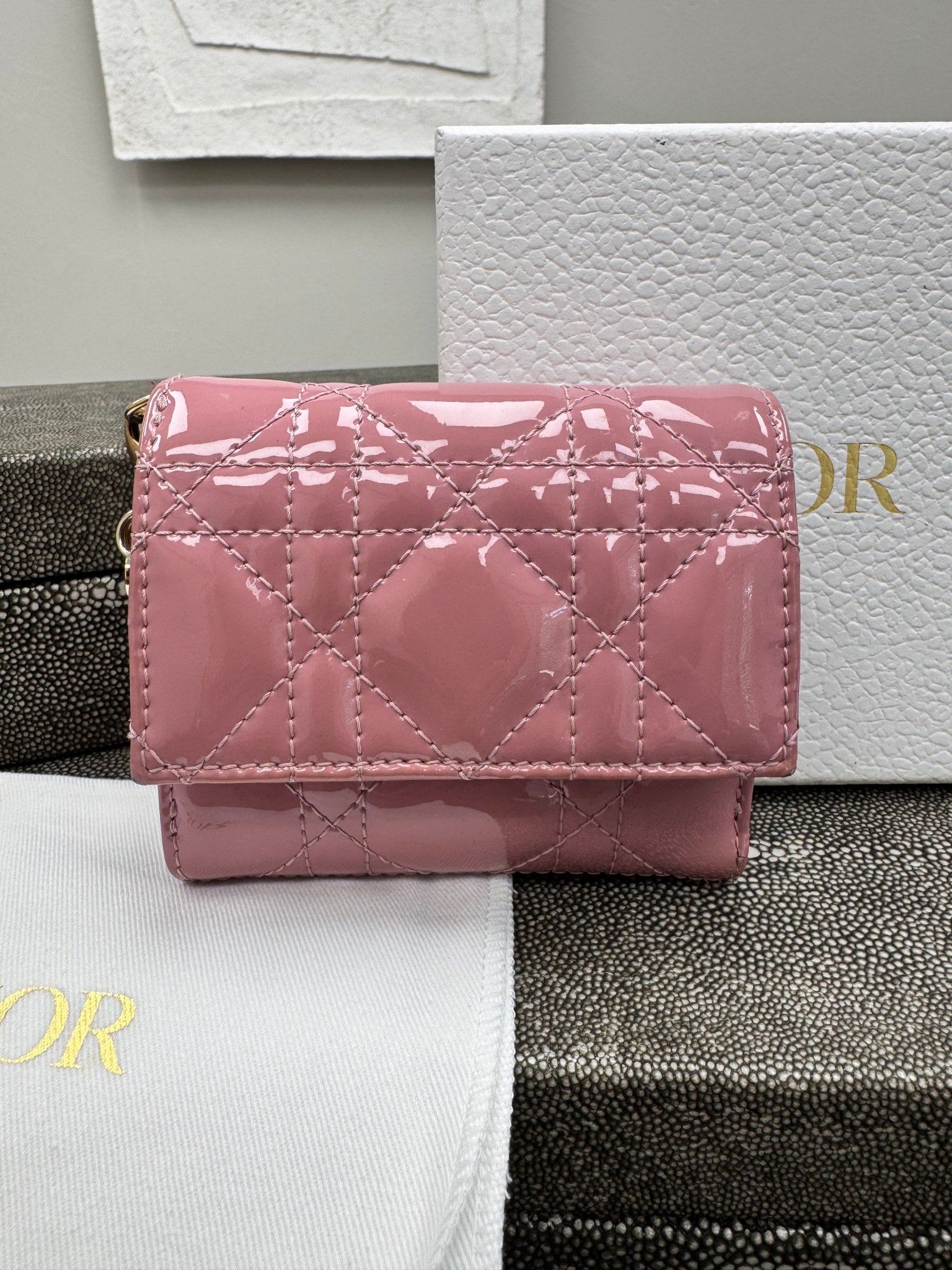 Christian Dior Pink Quilted Patent Leather Lotus Compact Wallet