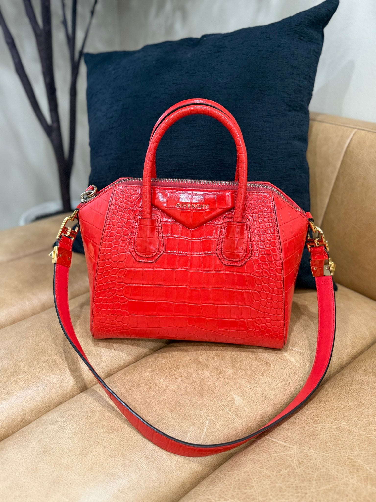 Givenchy Red Crocodile Embossed Small Antigona Bag