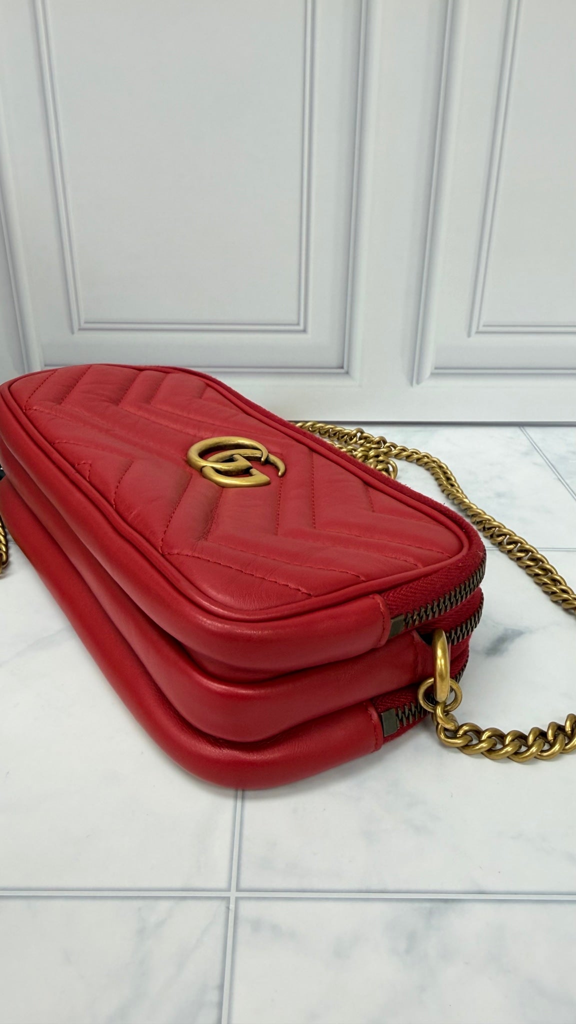 Gucci Red Leather GG Marmont Mini Camera Bag