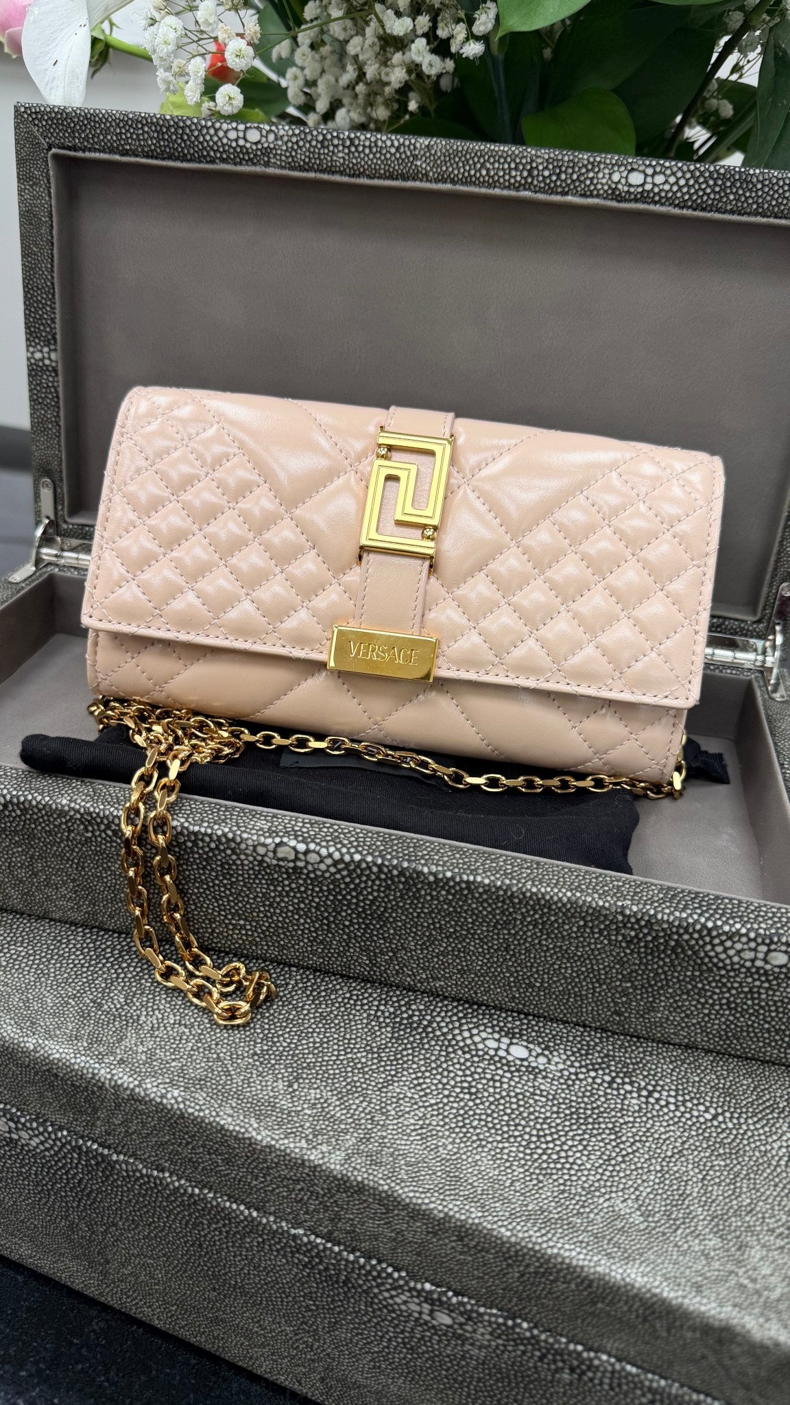 Versace Beige Quilted Leather Wallet on a Chain