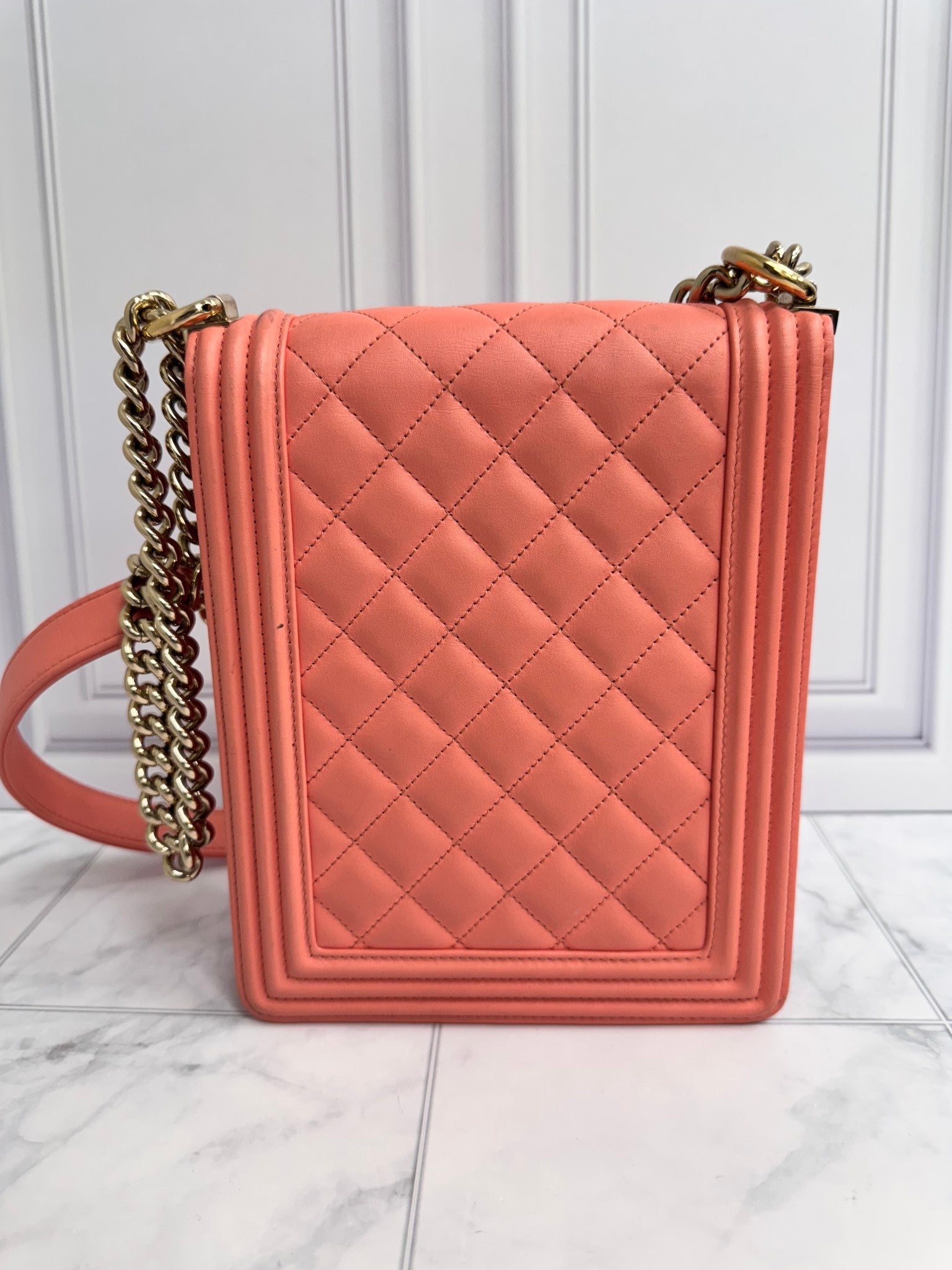 Chanel Coral Quilted Leather North South Boy Flap Bag
