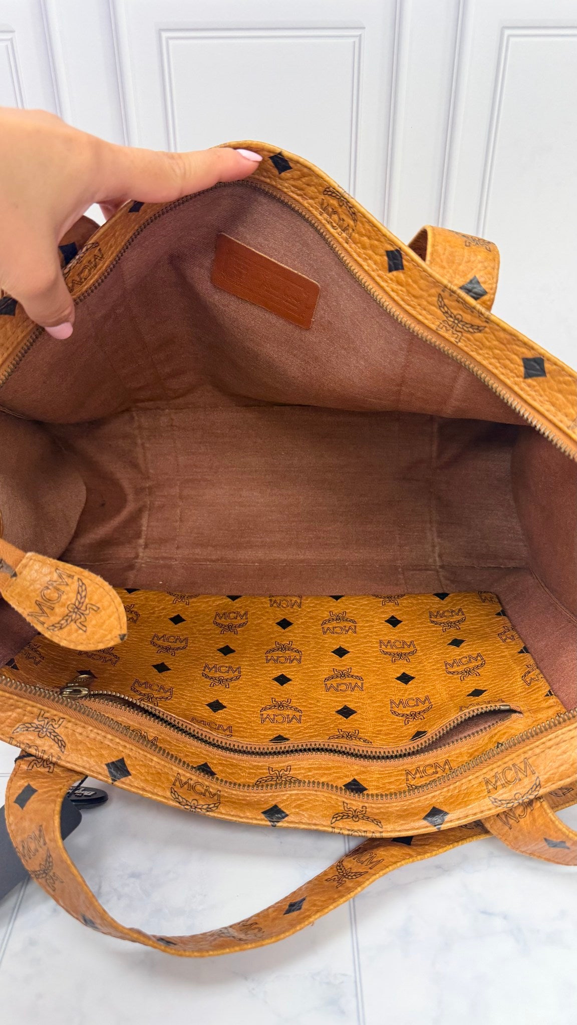 MCM Cognac Visetos Leather Tote Bag