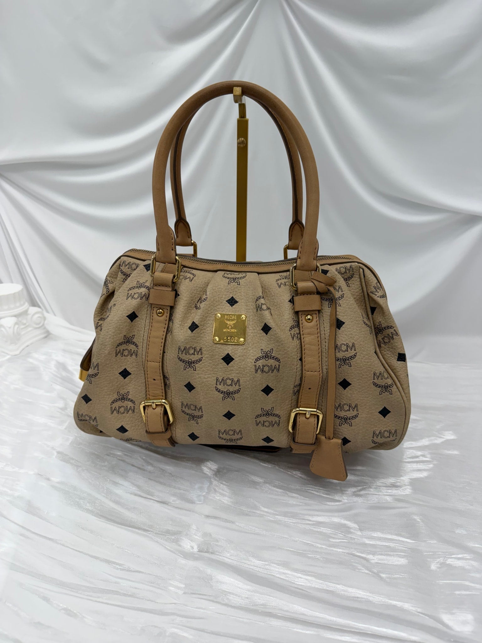 Mcm Cream Visetos Leather Boston Bag