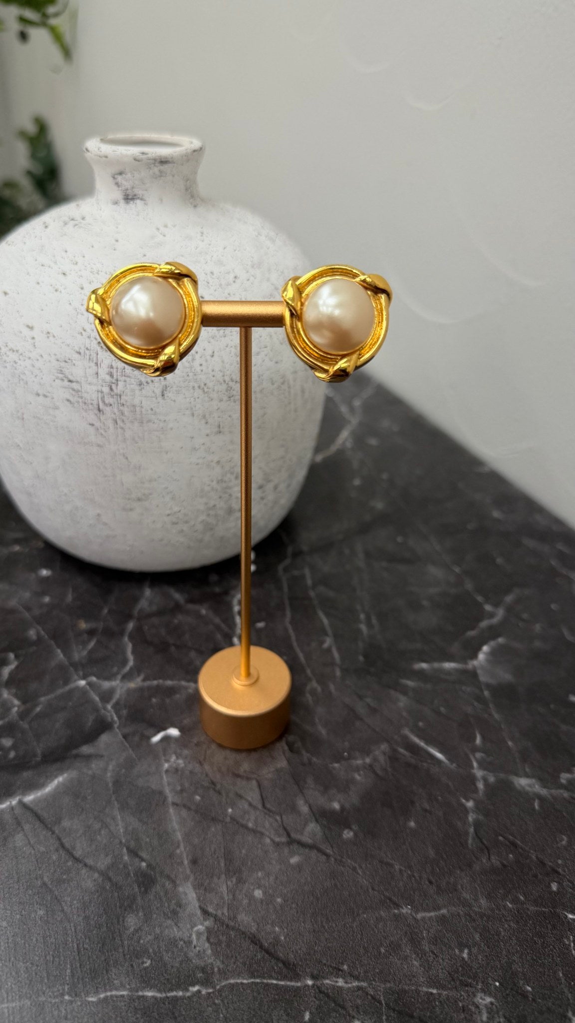 Chanel Vintage Gold Tone & Faux Pearl Rope Clip On Earrings