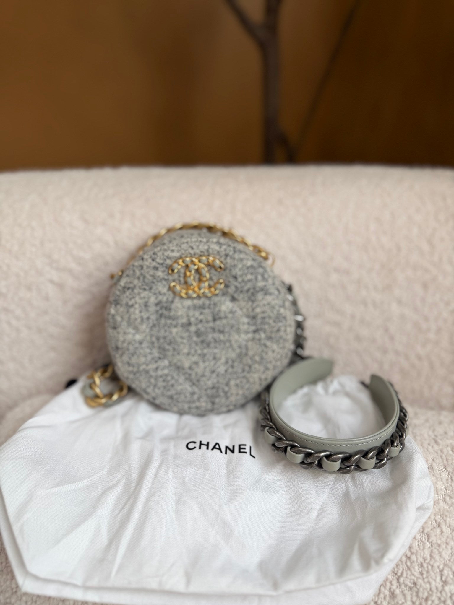Chanel Gray Tweed 19 Quilted Round Clutch Bag