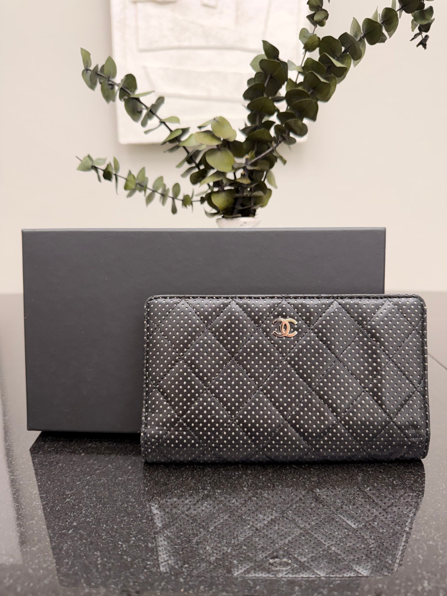 Chanel Black Perforated Quilted Lambskin Leather Long Flap Wallet
