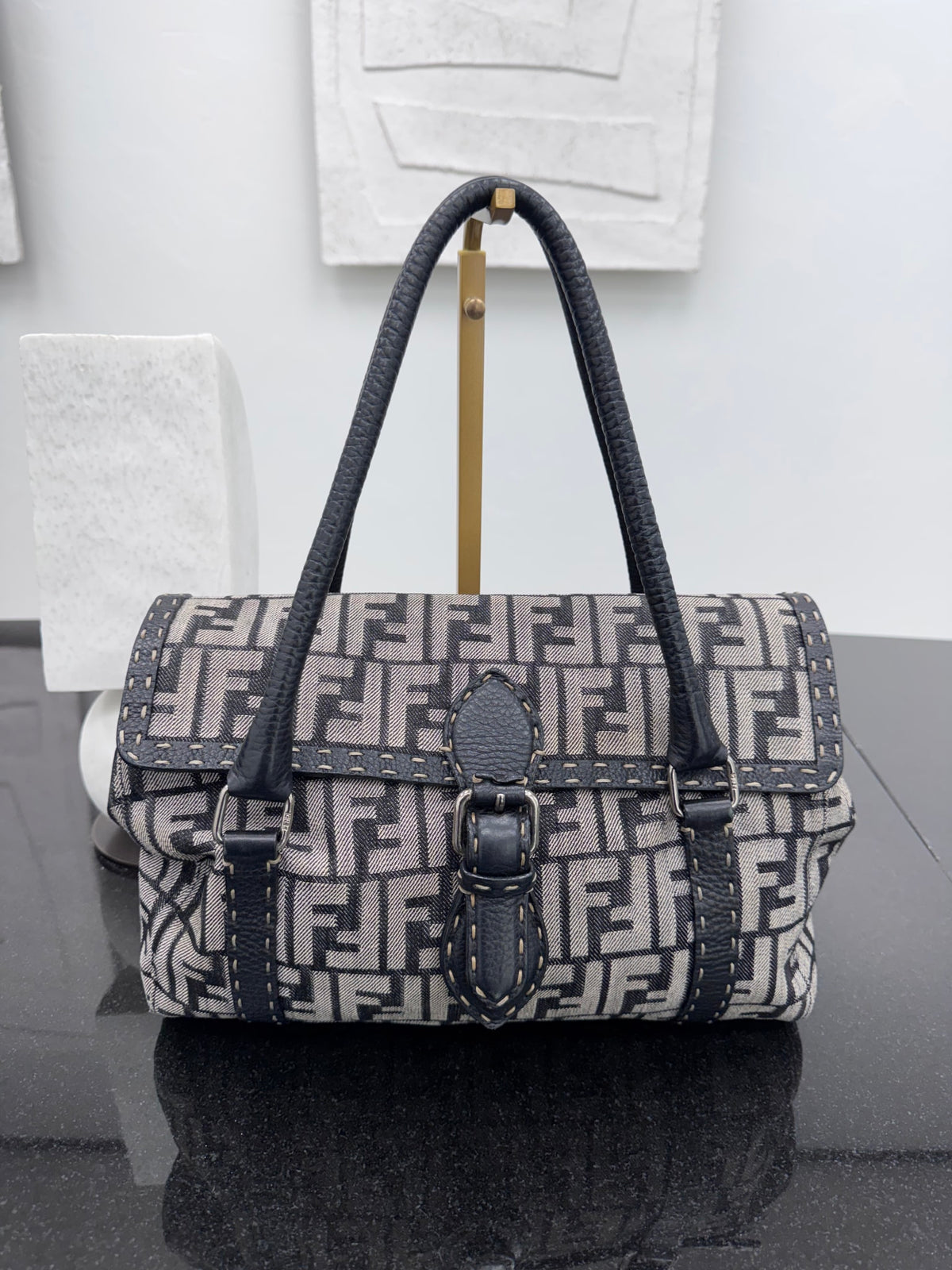 Fendi Black Zucca Canvas Selleria Linda Shoulder Bag
