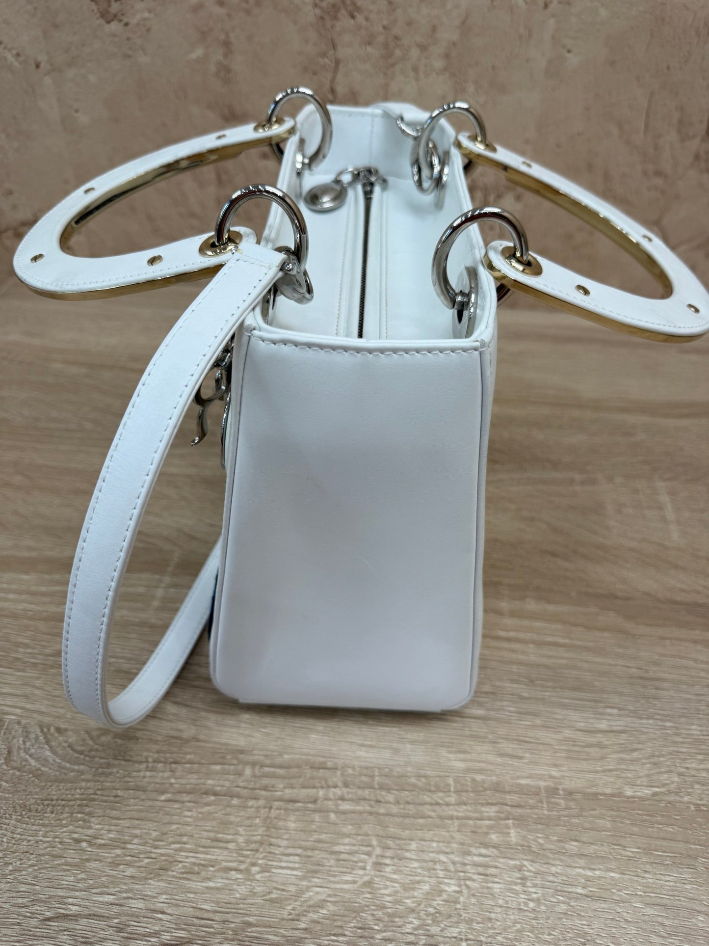 Christian Dior White Leather Patch Embellished Medium Lady Dior