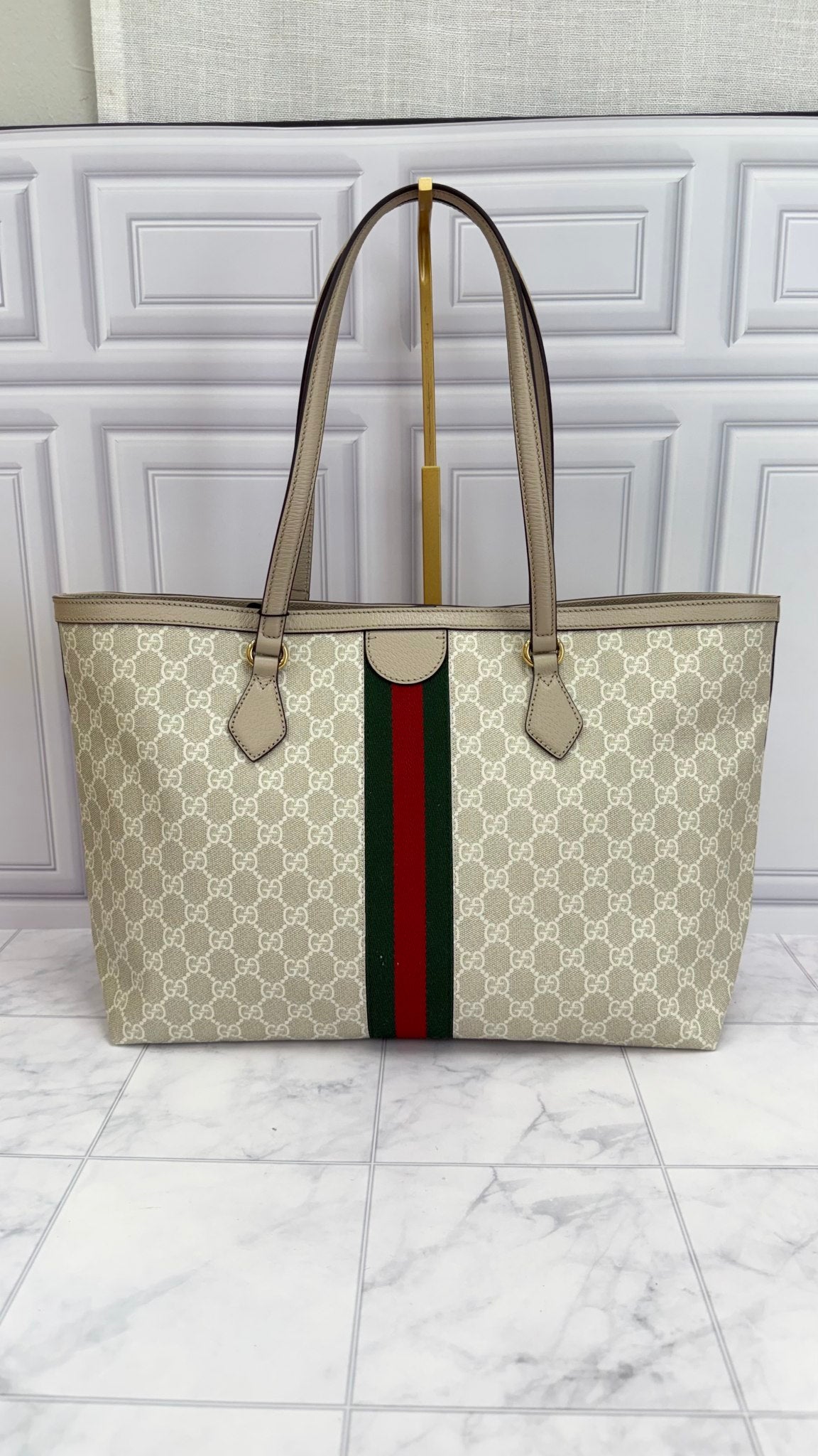 LIKE NEW - Gucci Beige GG Coated Canvas Web Large Ophidia Tote