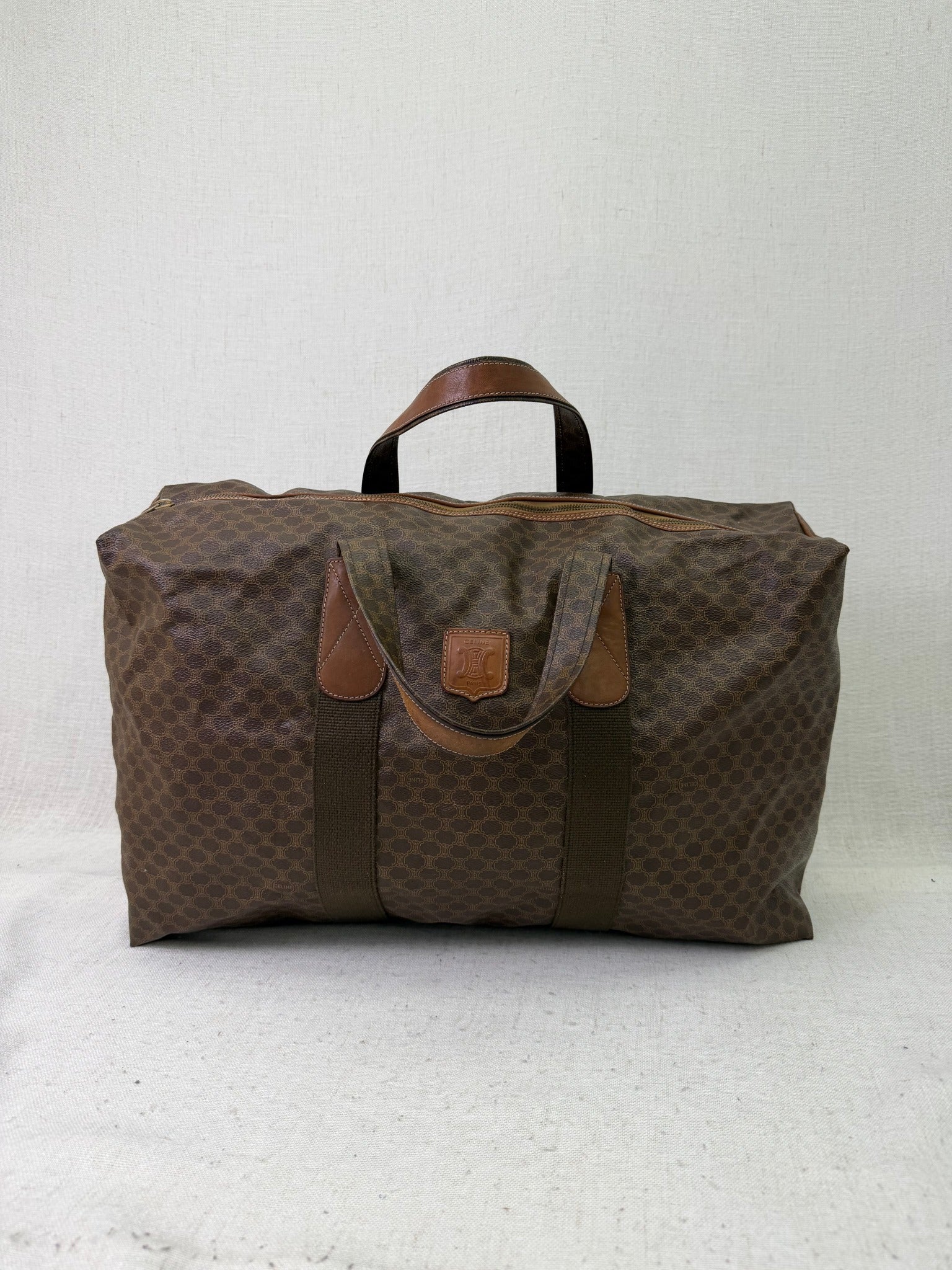 Celine Vintage Brown Macadam Coated Canvas Weekender Duffle Bag