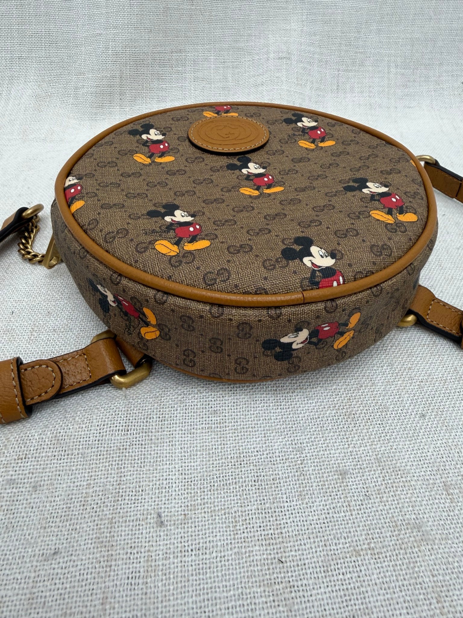 Gucci X Disney Brown Coated Canvas Mickey Mouse Round Backpack