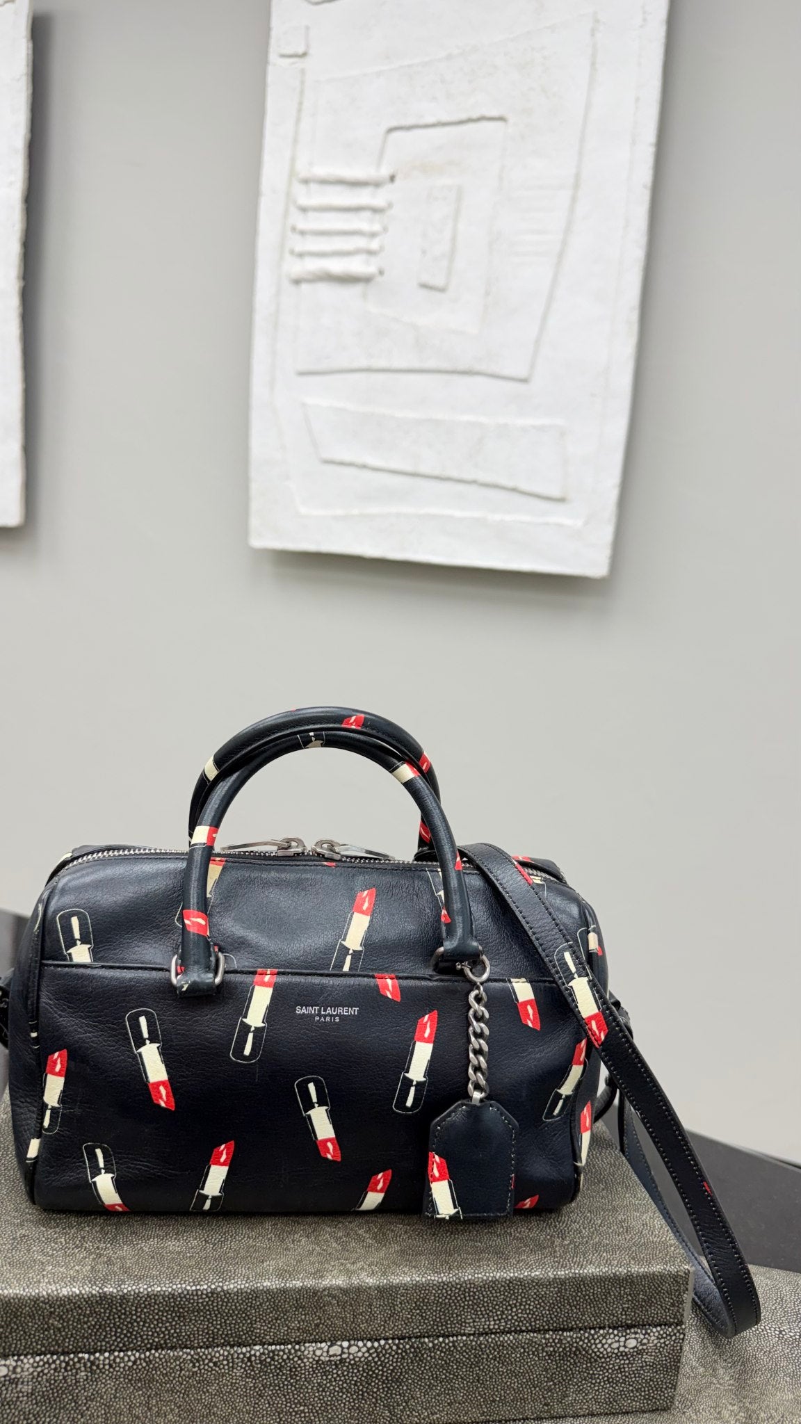 Saint Laurent YSL Black Leather Lipstick Baby Boston Bag