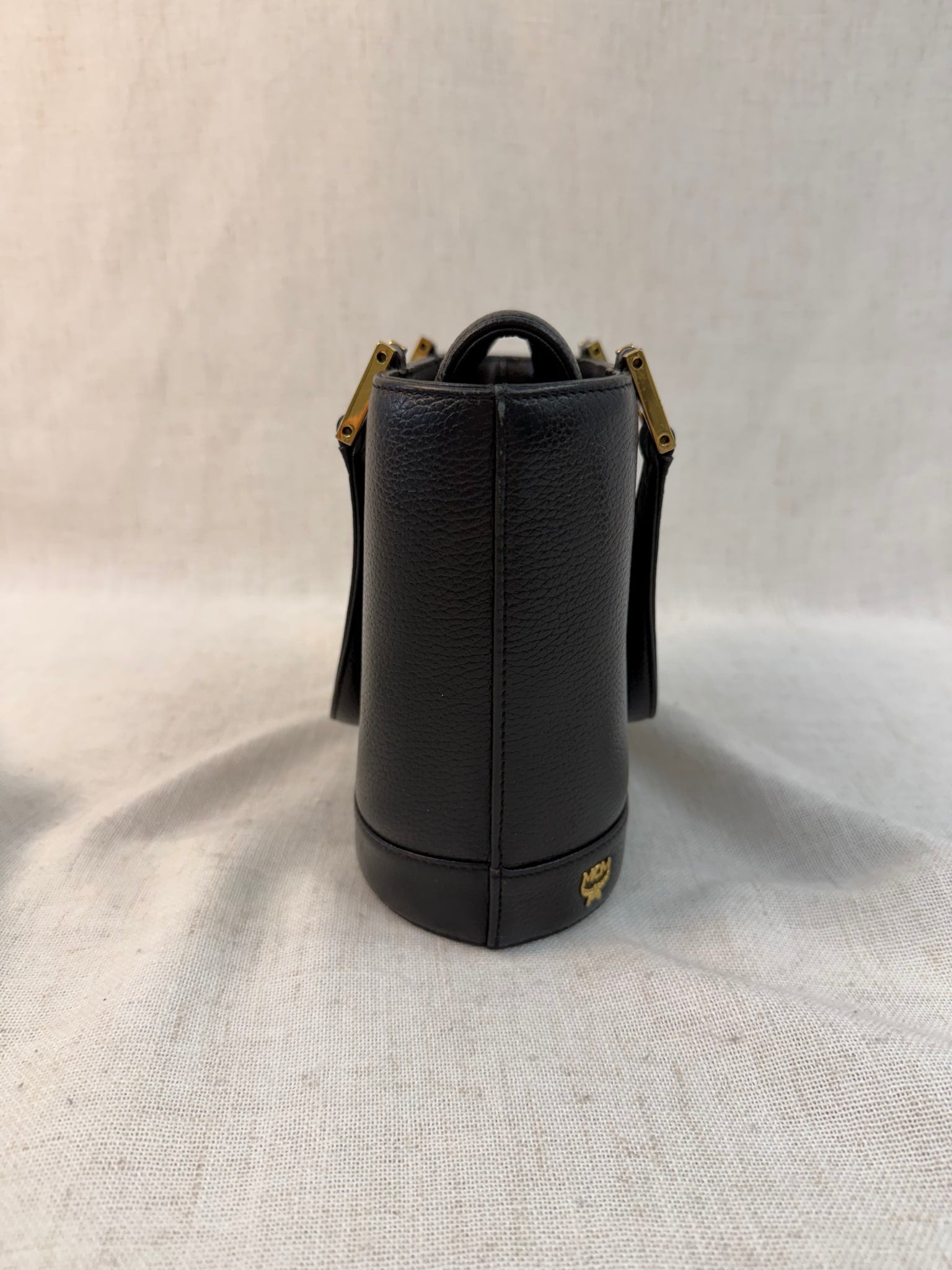 MCM Black Leather Stud Bucket Tote Bag