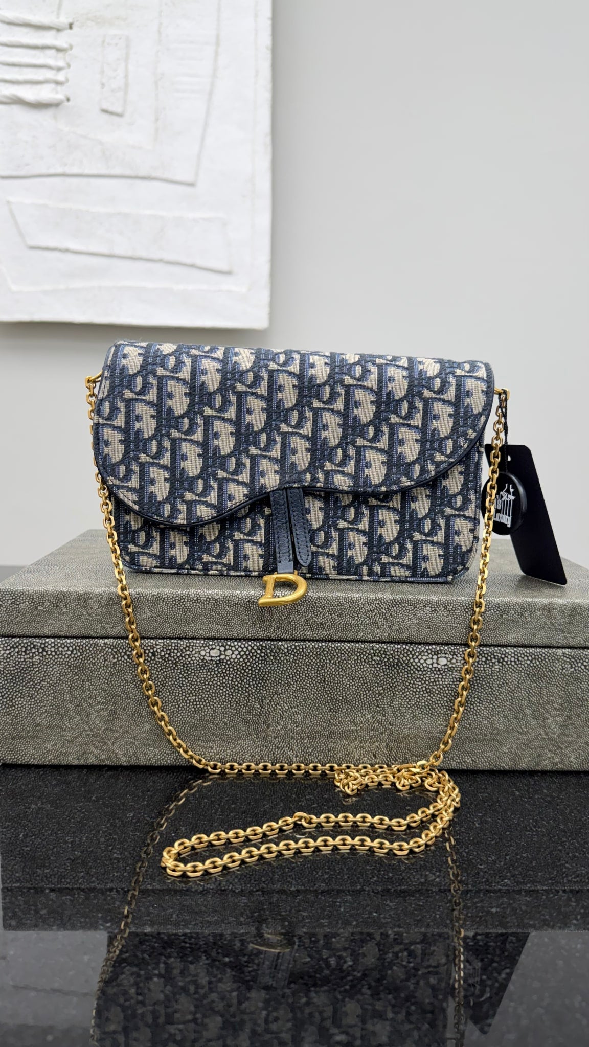 Christian Dior Blue Jacquard Saddle Pouch with a Chain
