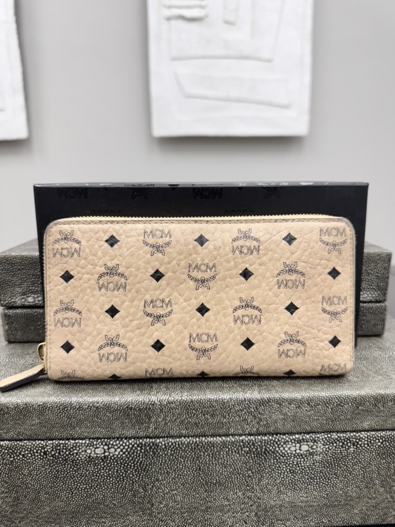 MCM Beige Visetos Monogram Leather Zippy Wallet