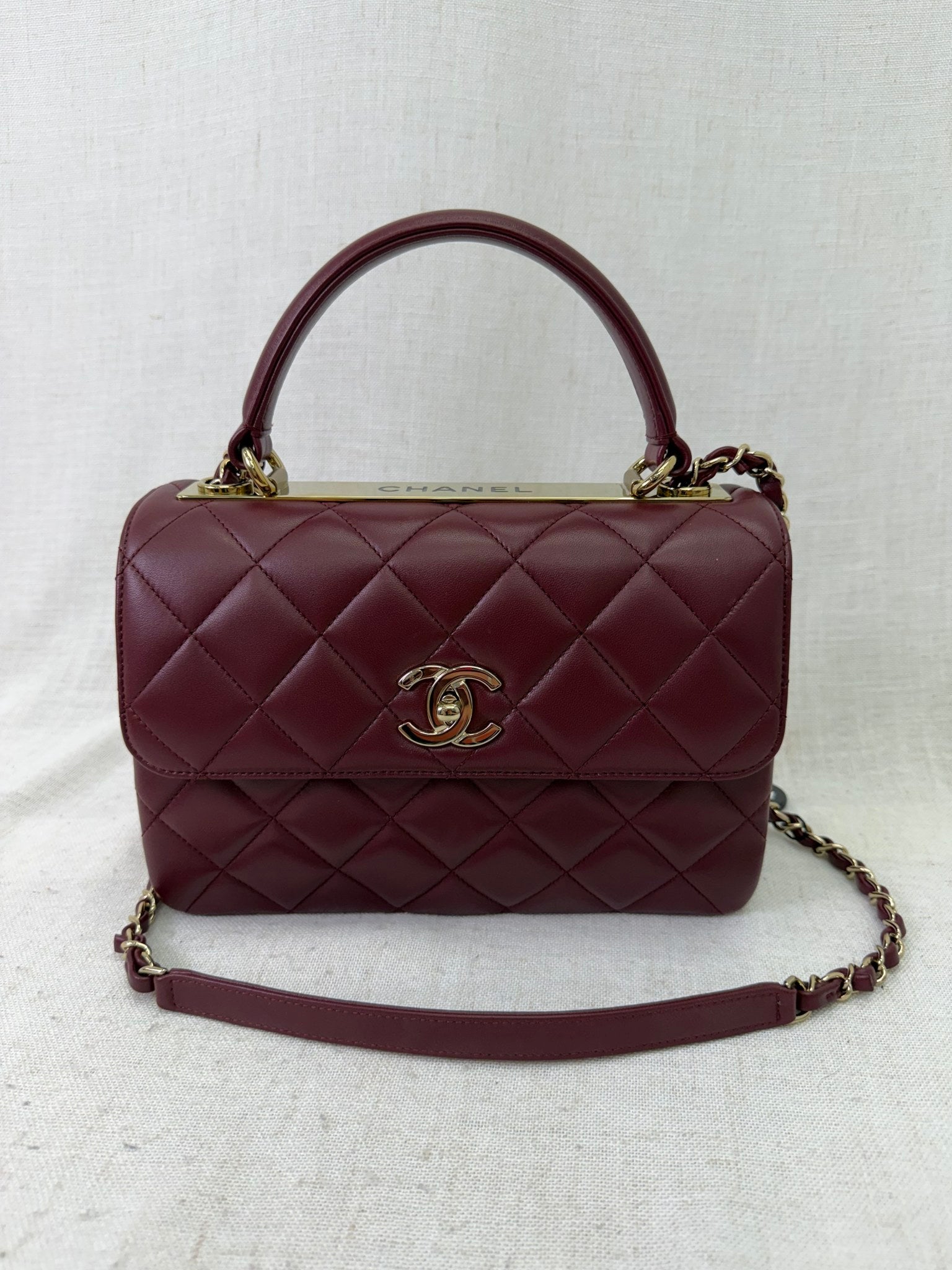 BRAND NEW- Chanel Oxblood Quilted Lambskin Small Trendy CC Top Handle Flap Bag