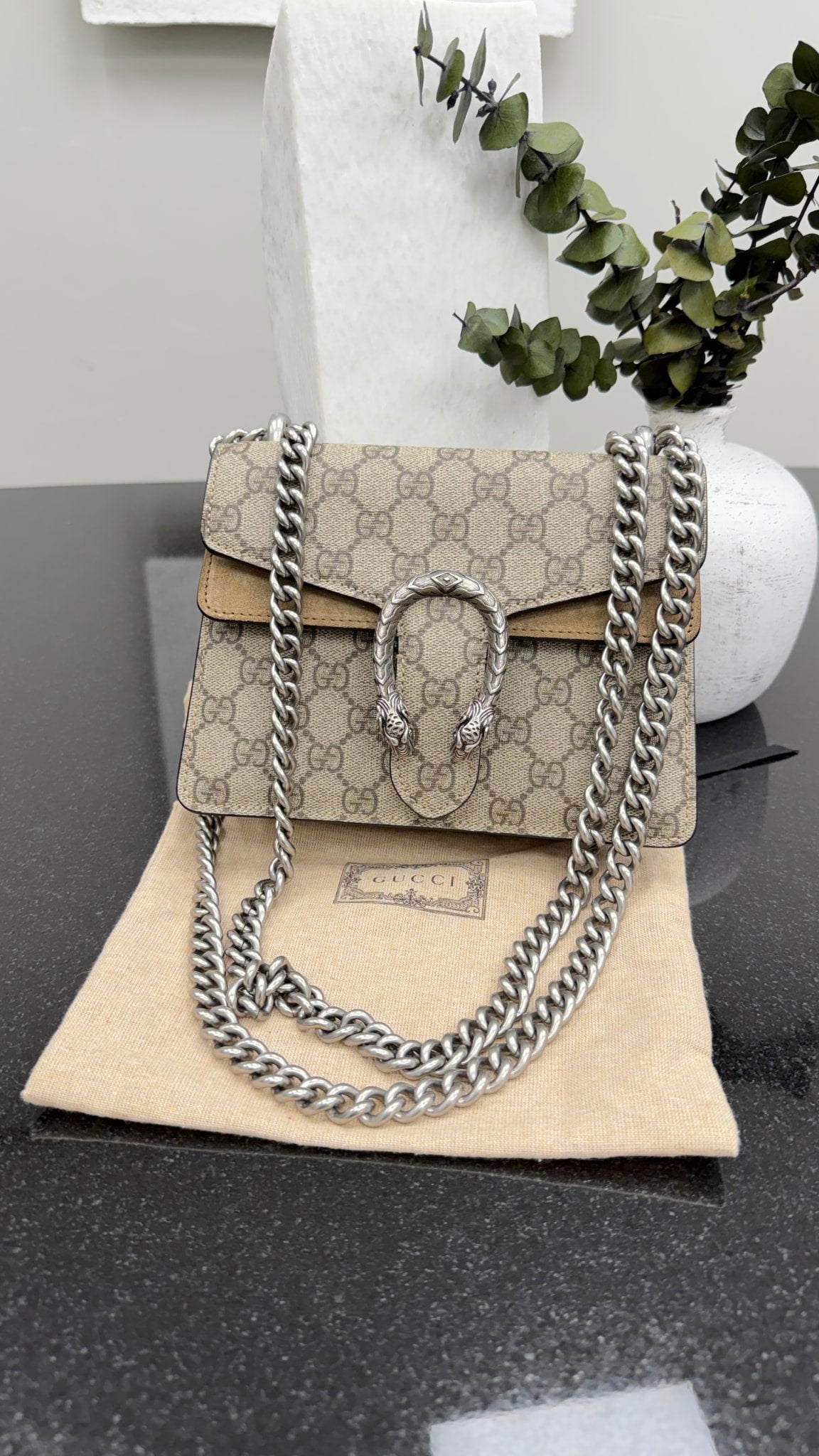 Gucci Brown GG Supreme Canvas & Suede Mini Dionysus Chain Bag