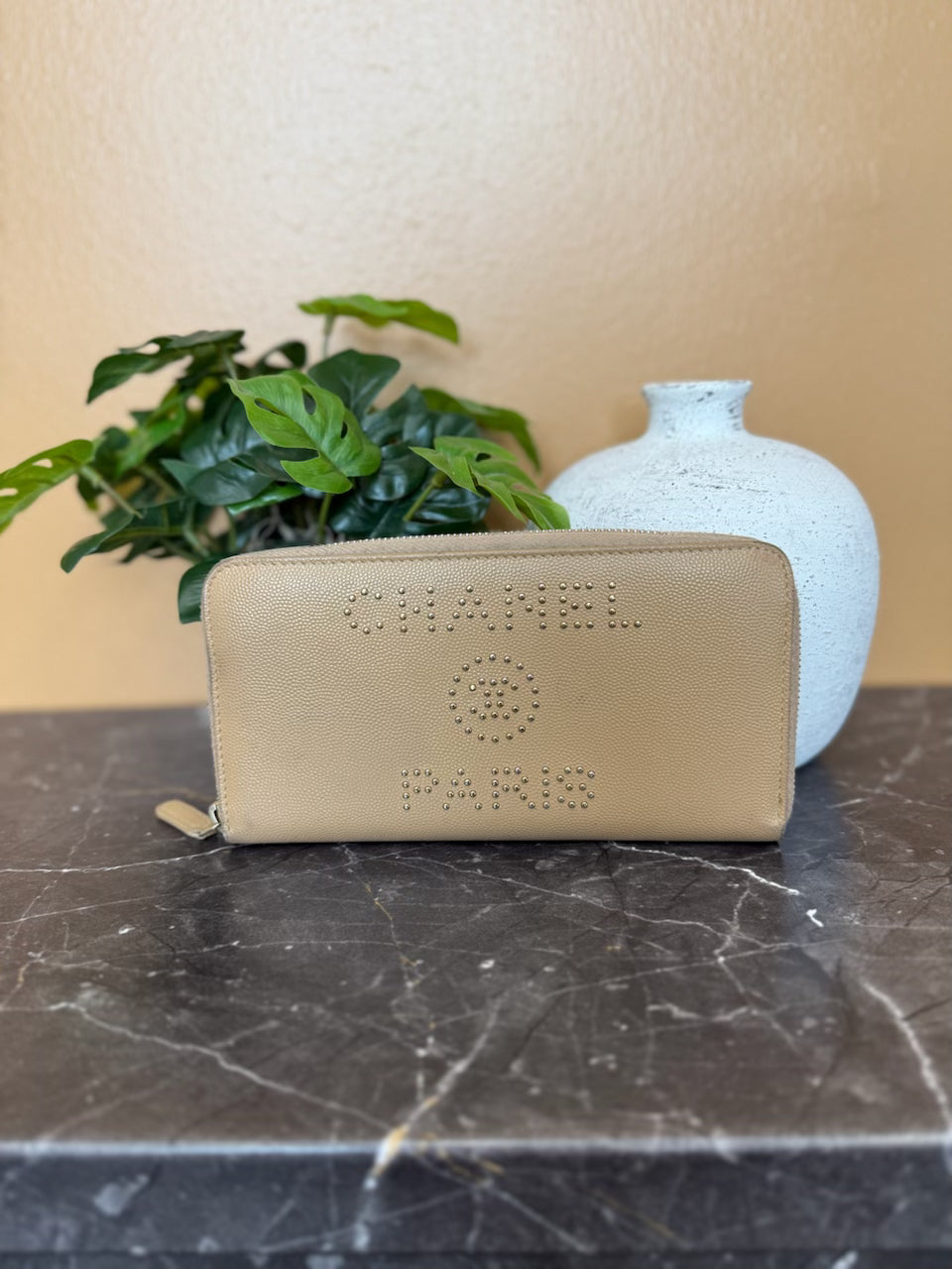 Chanel Beige Caviar Caviar Studded Deauville Zippy Long Wallet