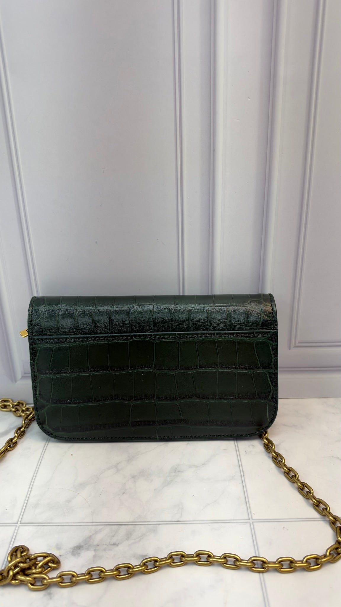 LIKE NEW -Balenciaga Green Croc Embossed Leather Small Signature Gossip Crossbody