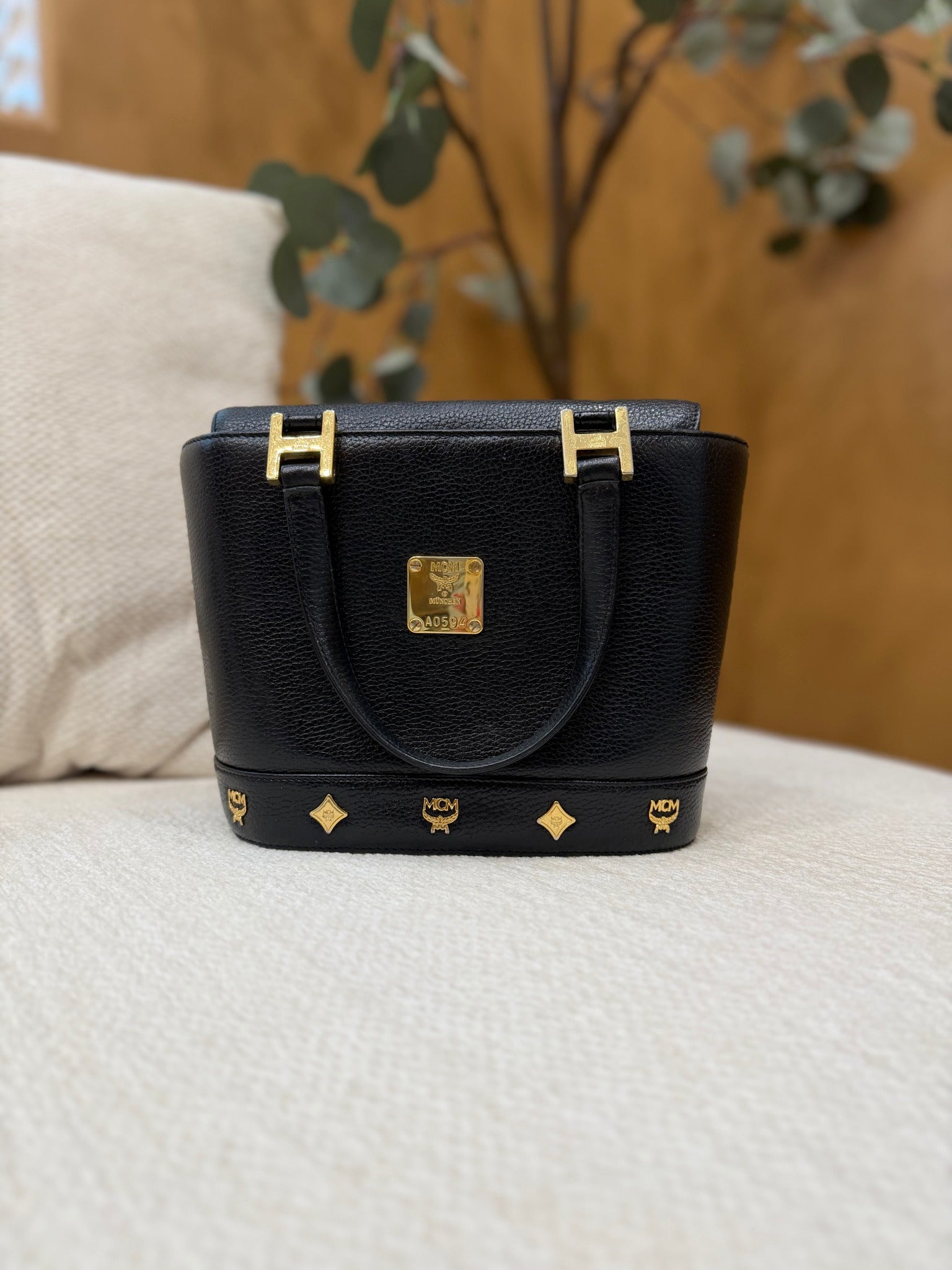 MCM Black Leather Stud Bucket Tote Bag