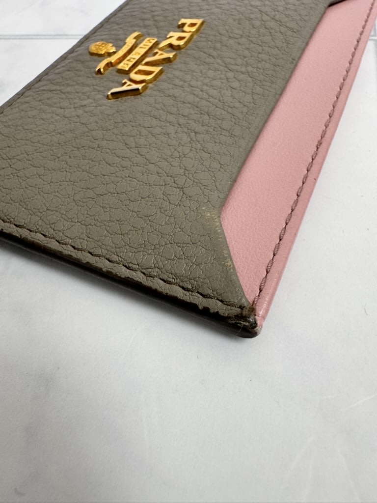 Prada Grey And Pink Grained Leather Card Holder