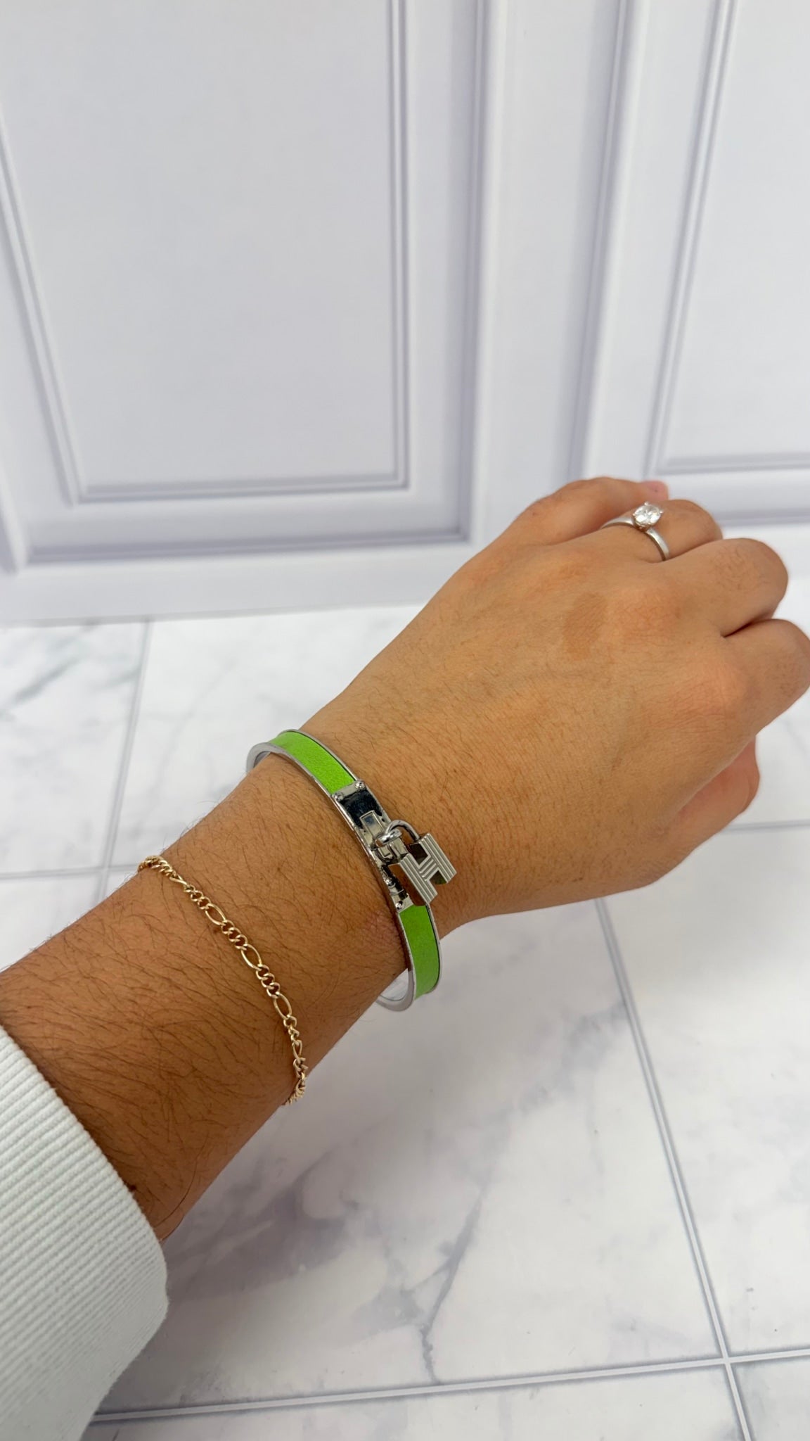 Hermes Silver And Green Leather Kelly Bracelet