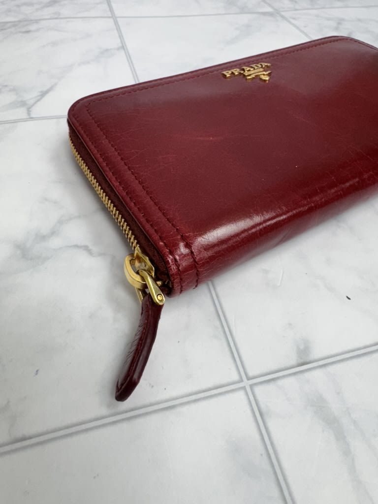 Prada Dark Red Patent Leather Long Zippy Wallet
