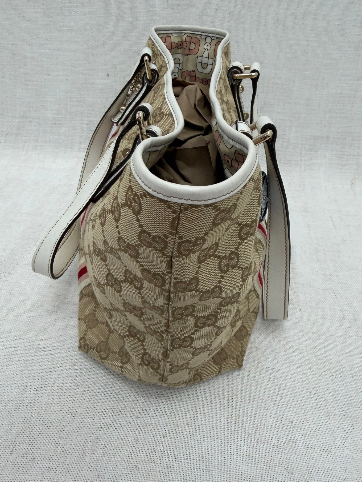 Gucci Beige GG Canvas & Pink Web Straps Shoulder Tote
