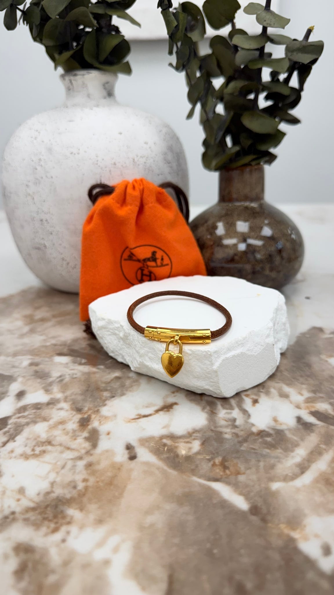 Hermes Brown Leather Viviride Heart Padlock Bracelet
