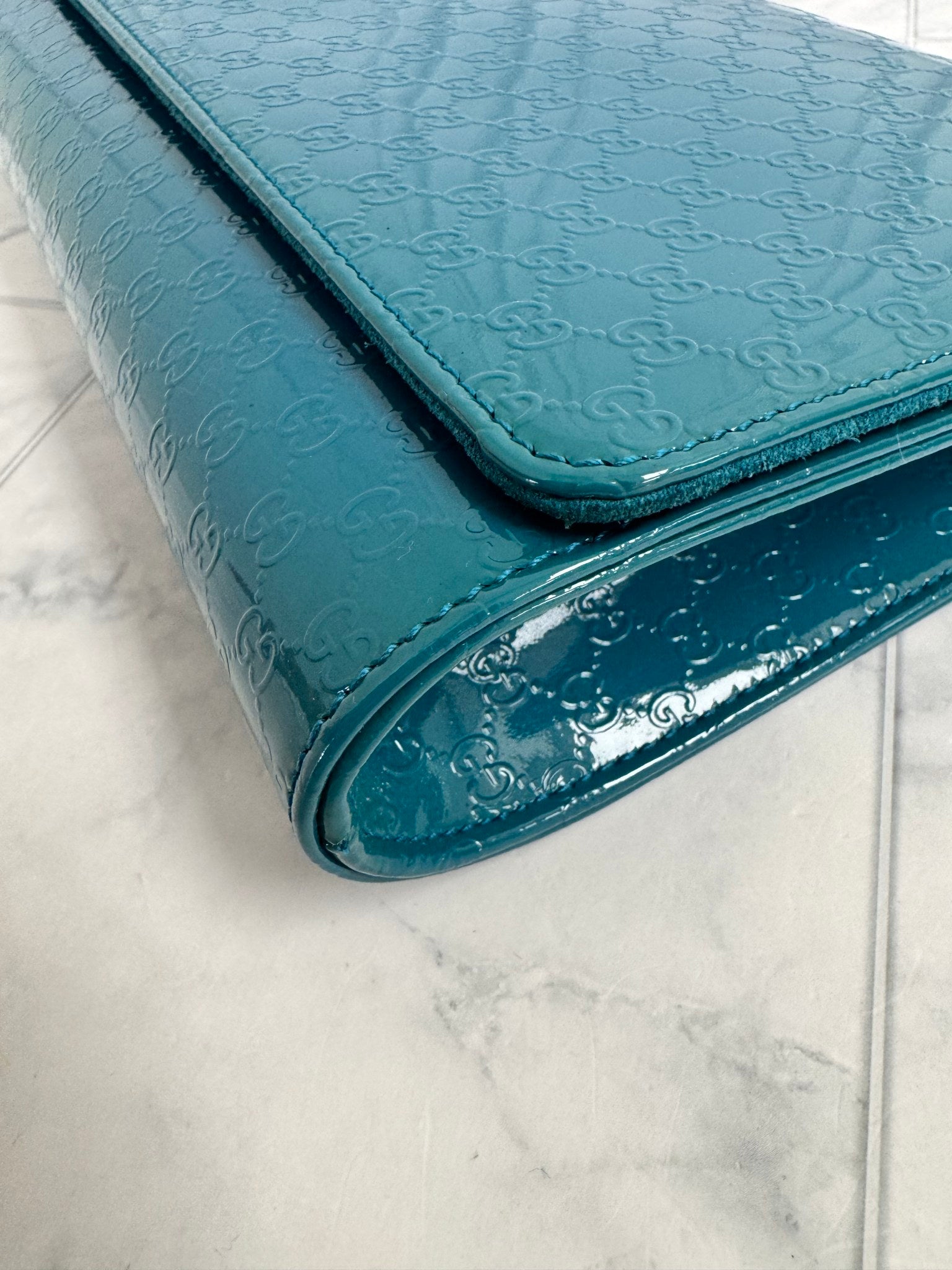 Gucci Turquoise Microguccissima Patent Leather Broadway Clutch Bag