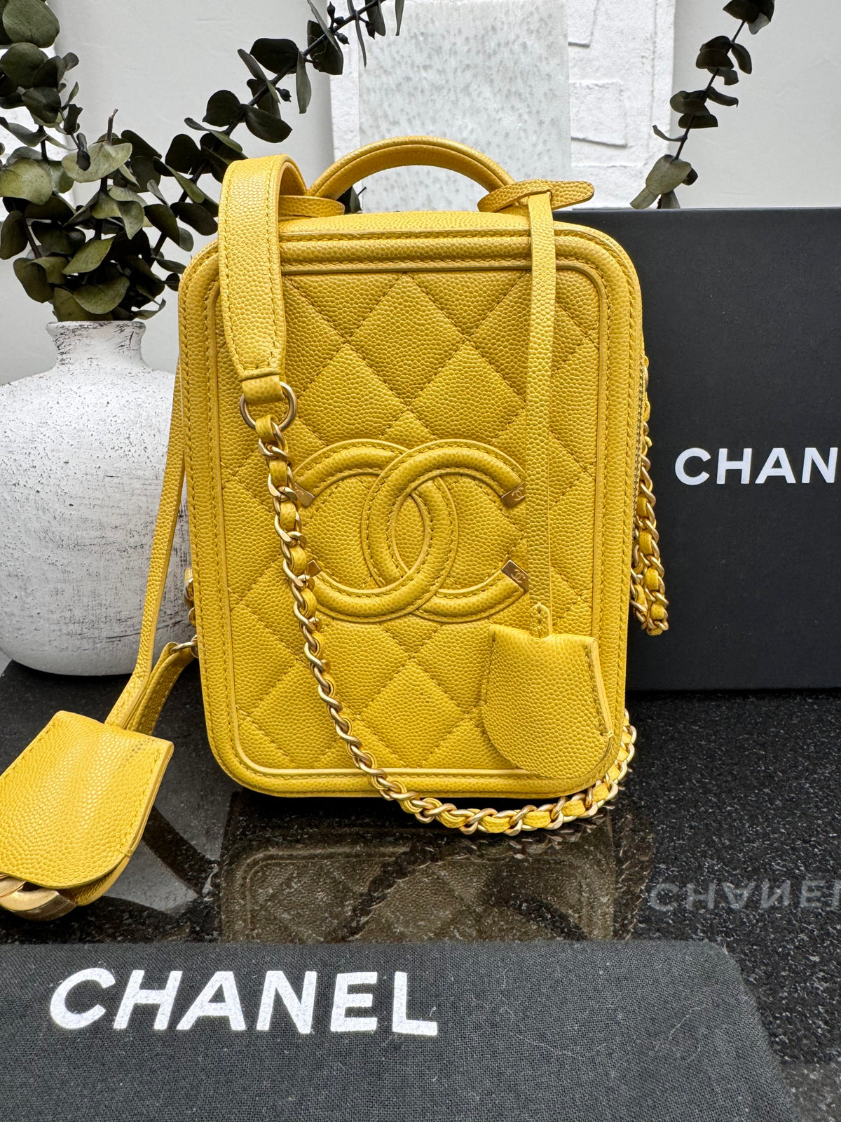 Chanel Yellow Caviar Quilted Filigree Vertical Vanity Case