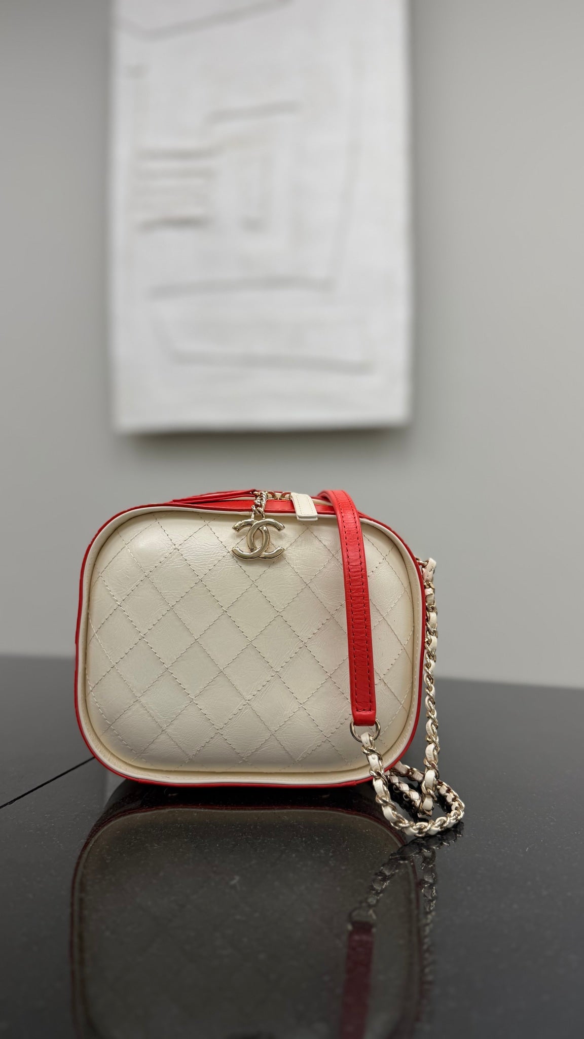 Chanel Red and White Quilted Leather Matelasse Vanity Top Handle Bag