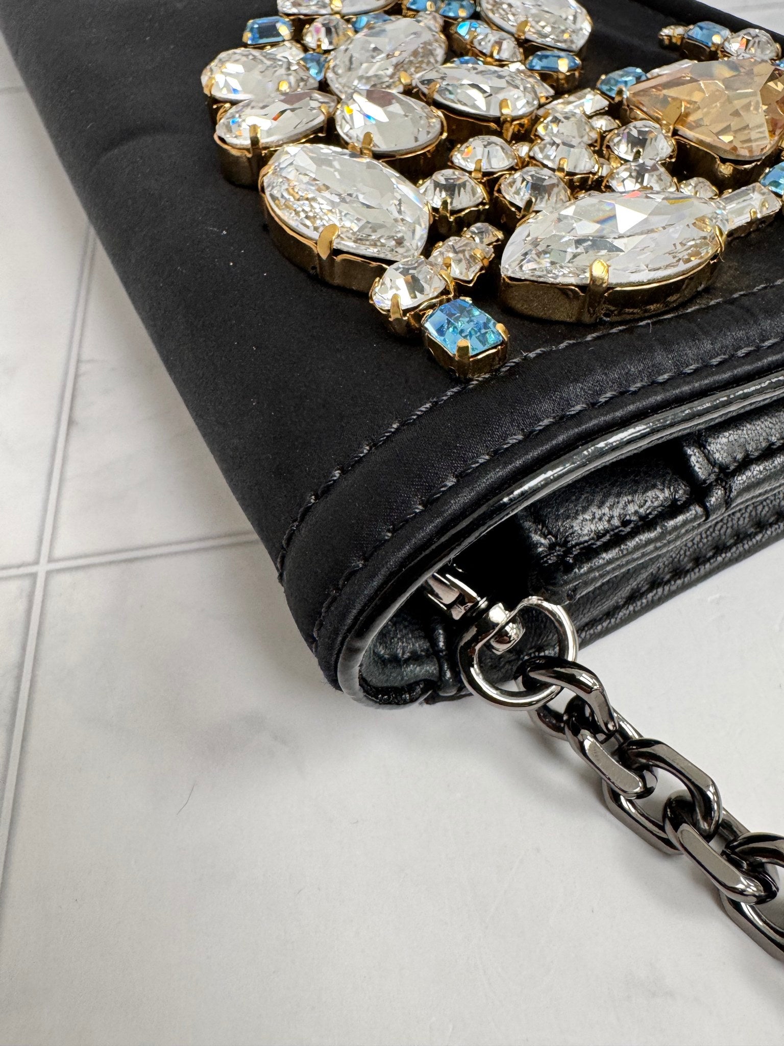 MCM Black Satin And Leather Crystal Embellished Chain Shoulder Bag