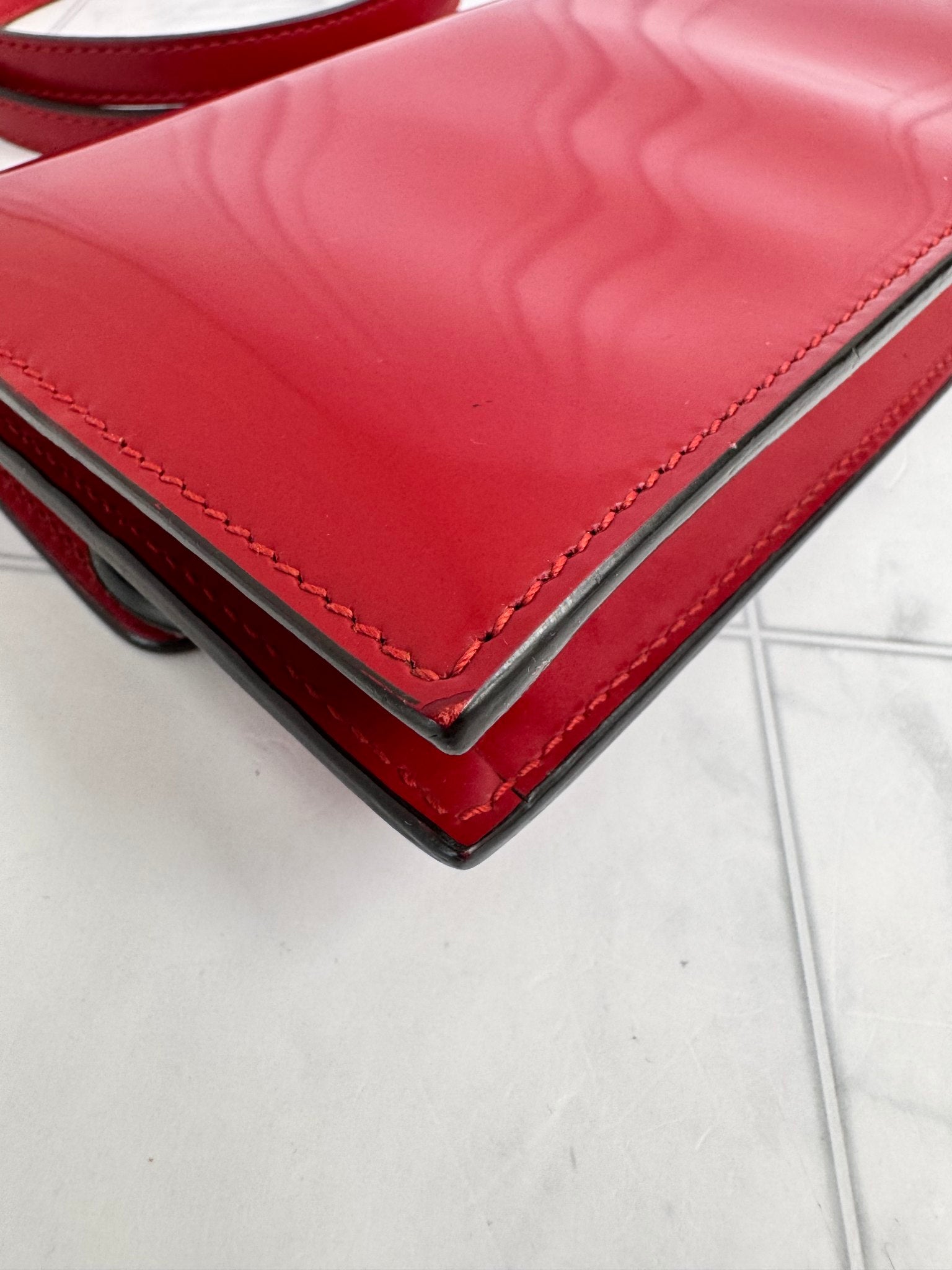 Gucci Red Patent Leather Interlocking G Wallet on Chain
