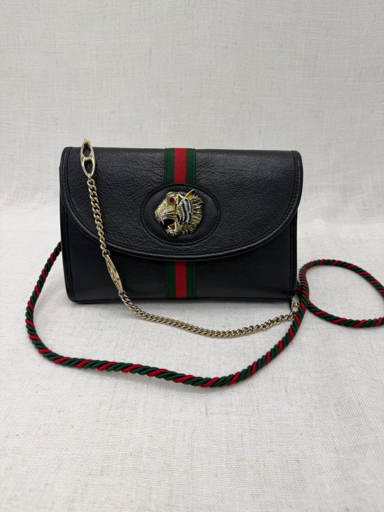 Gucci Vintage Black Leather Rajah Small Tiger Head Crossbody