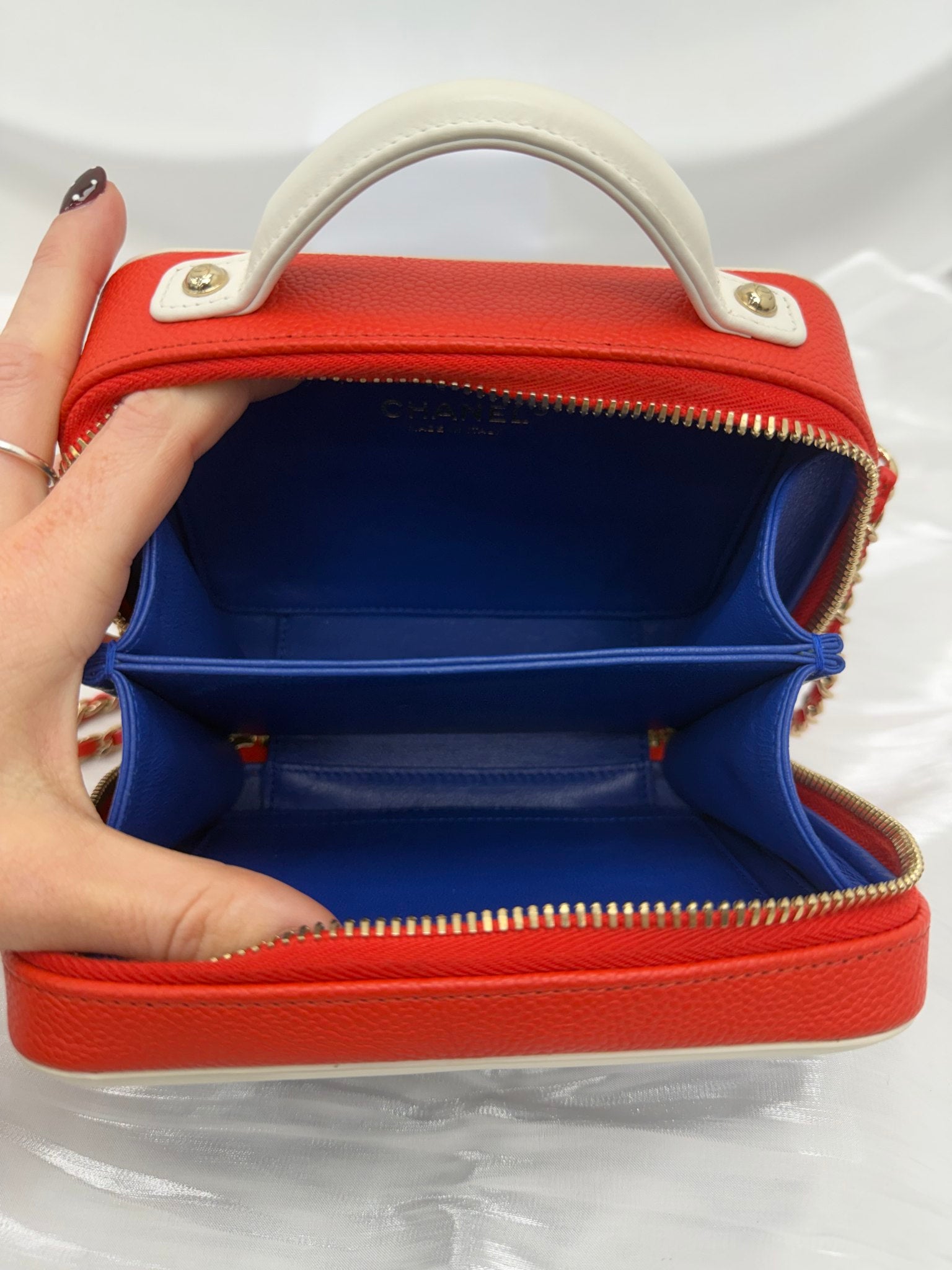 Chanel Red, White Blue Caviar Small Filigree Vanity Case Bag