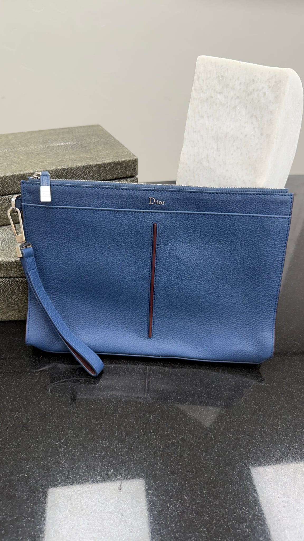 Christian Dior Blue Leather Zip Bee Wristlet