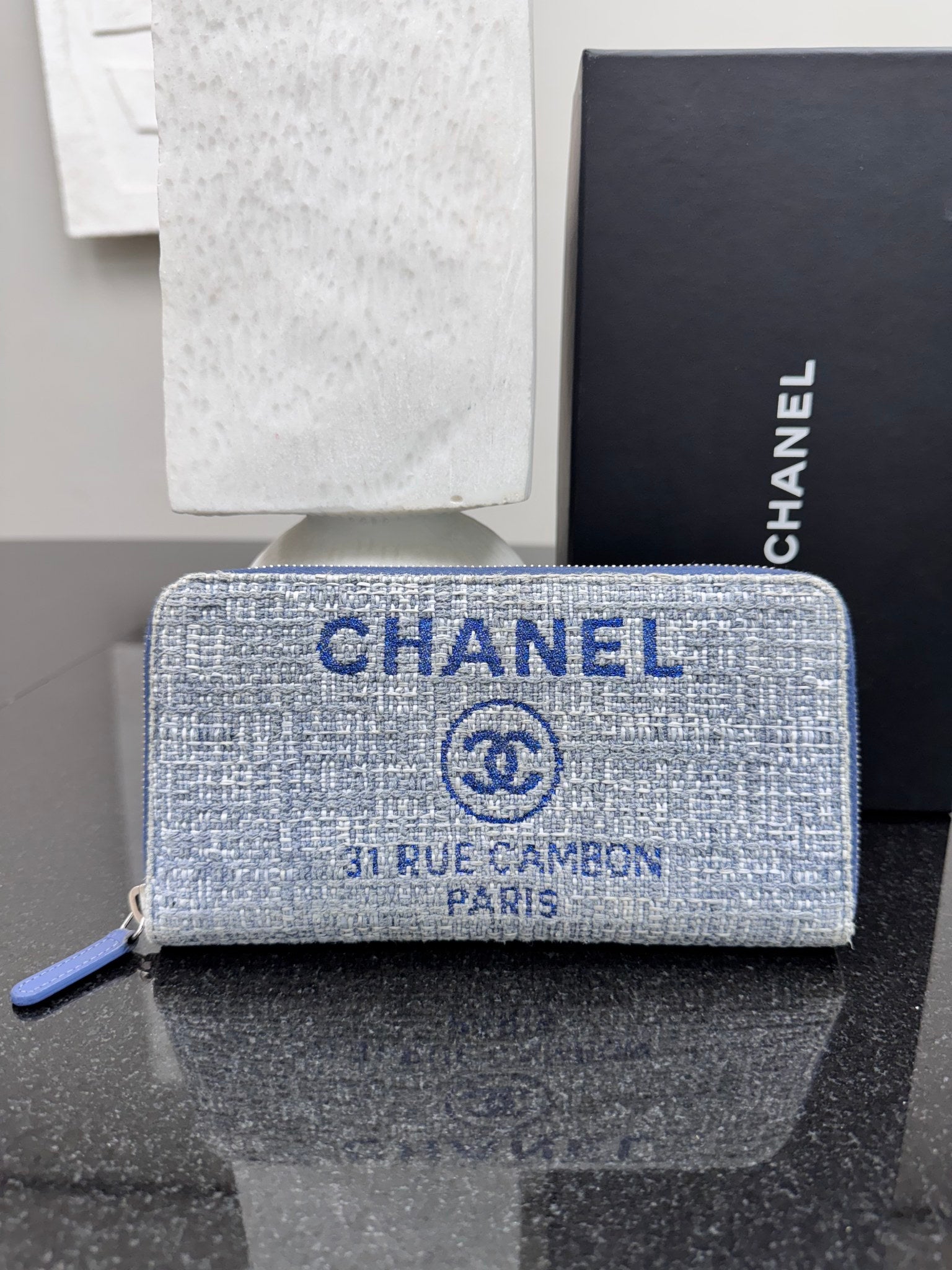 Chanel Blue Tweed Deauville Zippy Wallet