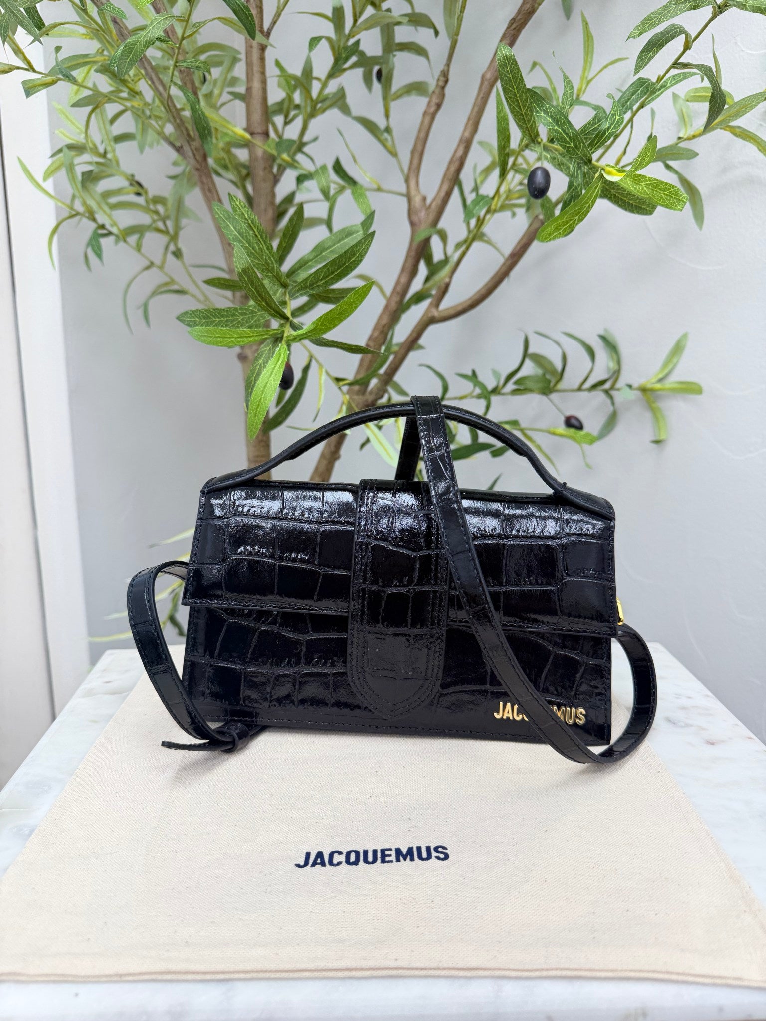 BRAND NEW - Jacquemus Black Croc Embossed Le Grand Bambino Handbag 2Way Handbag