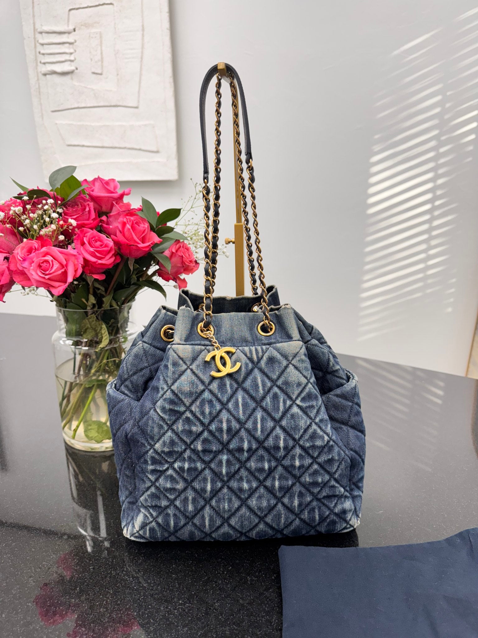 Chanel Quilted Denim Drawstring Bucket Bag