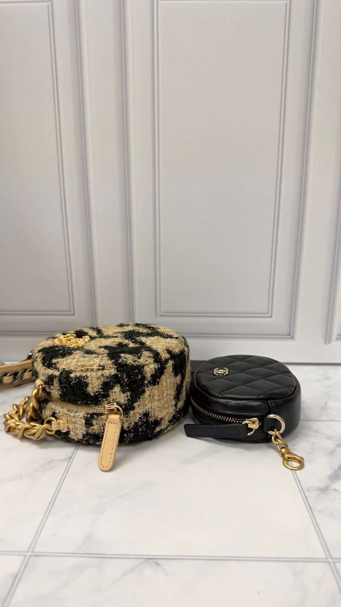 Chanel Beige And Black Quilted Wool Round Chanel 19 And Coin Pouch Chain Crossbody