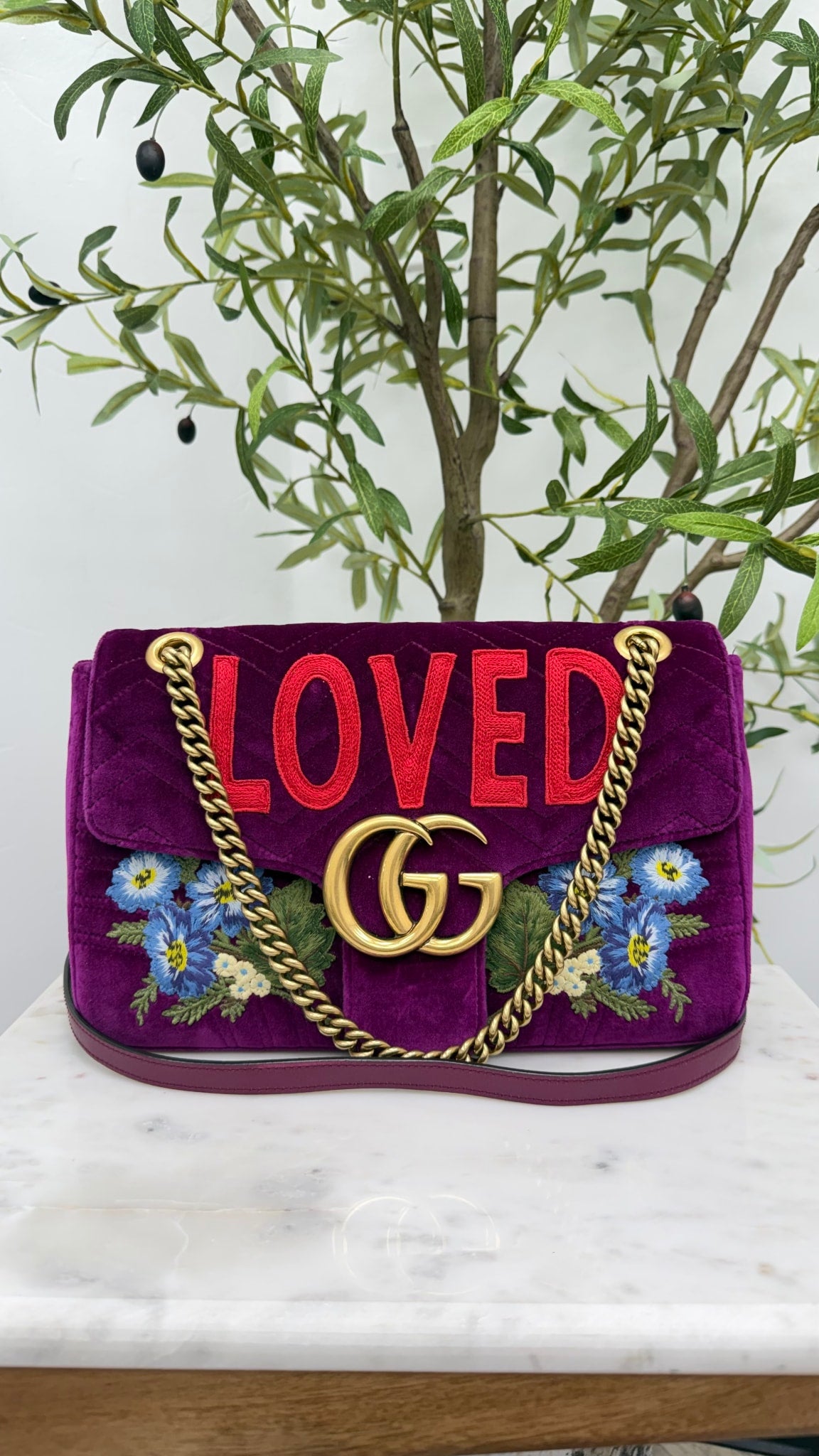 Gucci Purple Suede LOVED Embroidered Medium Marmont Flap Bag