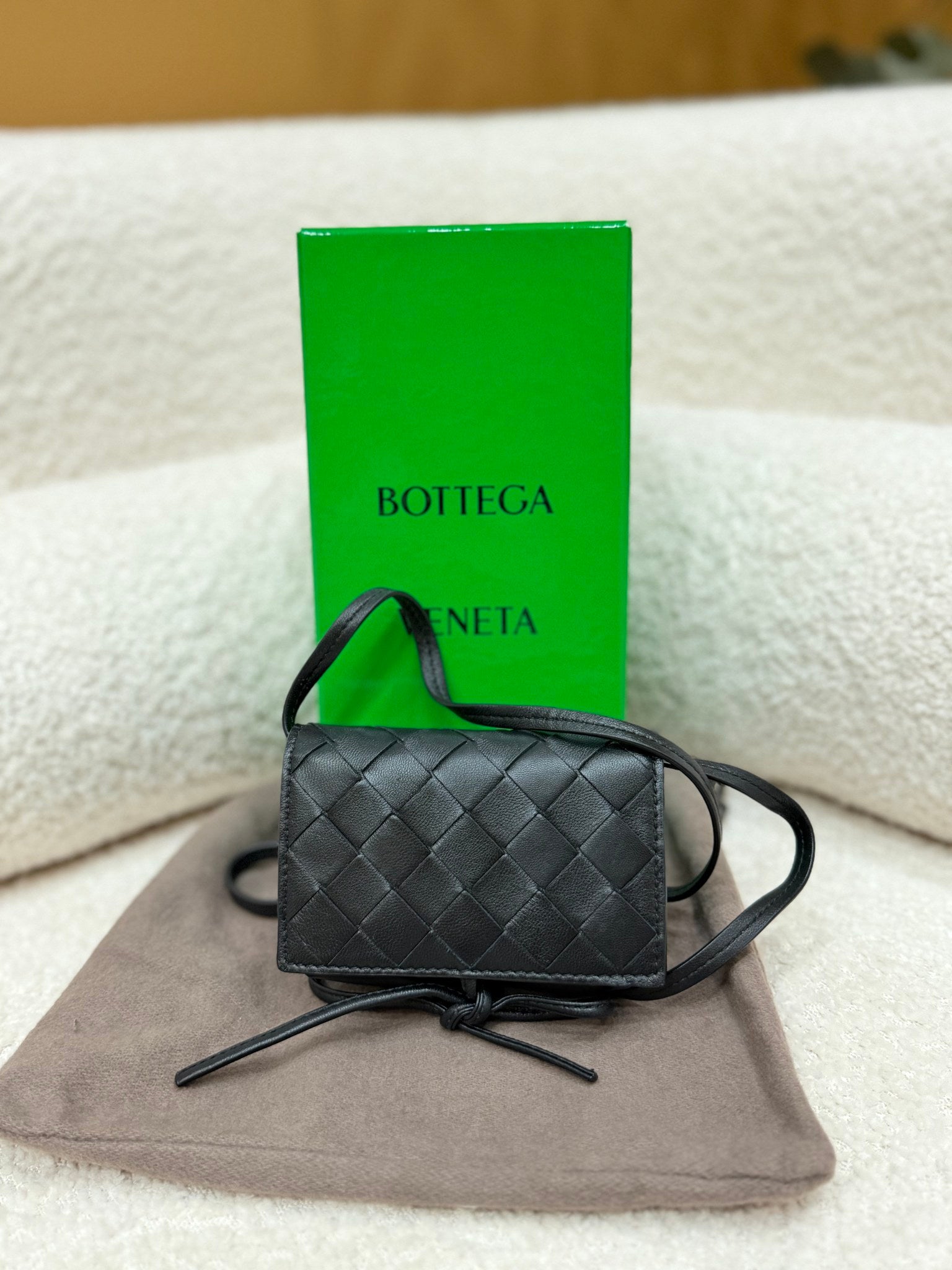 Bottega Veneta Black Intrecciato Mini Wallet On Strap