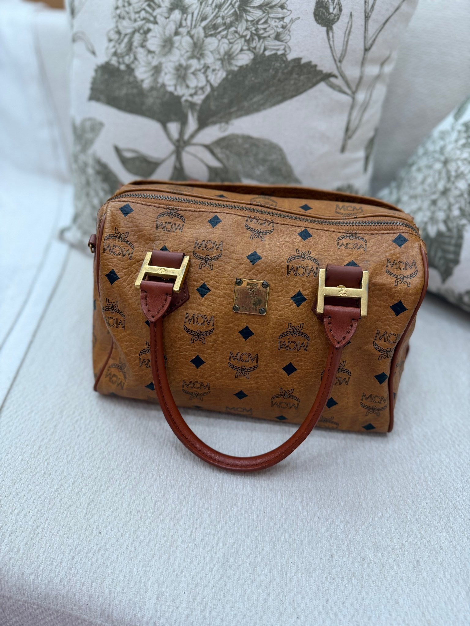MCM Brown Coated Canvas Boston Bag