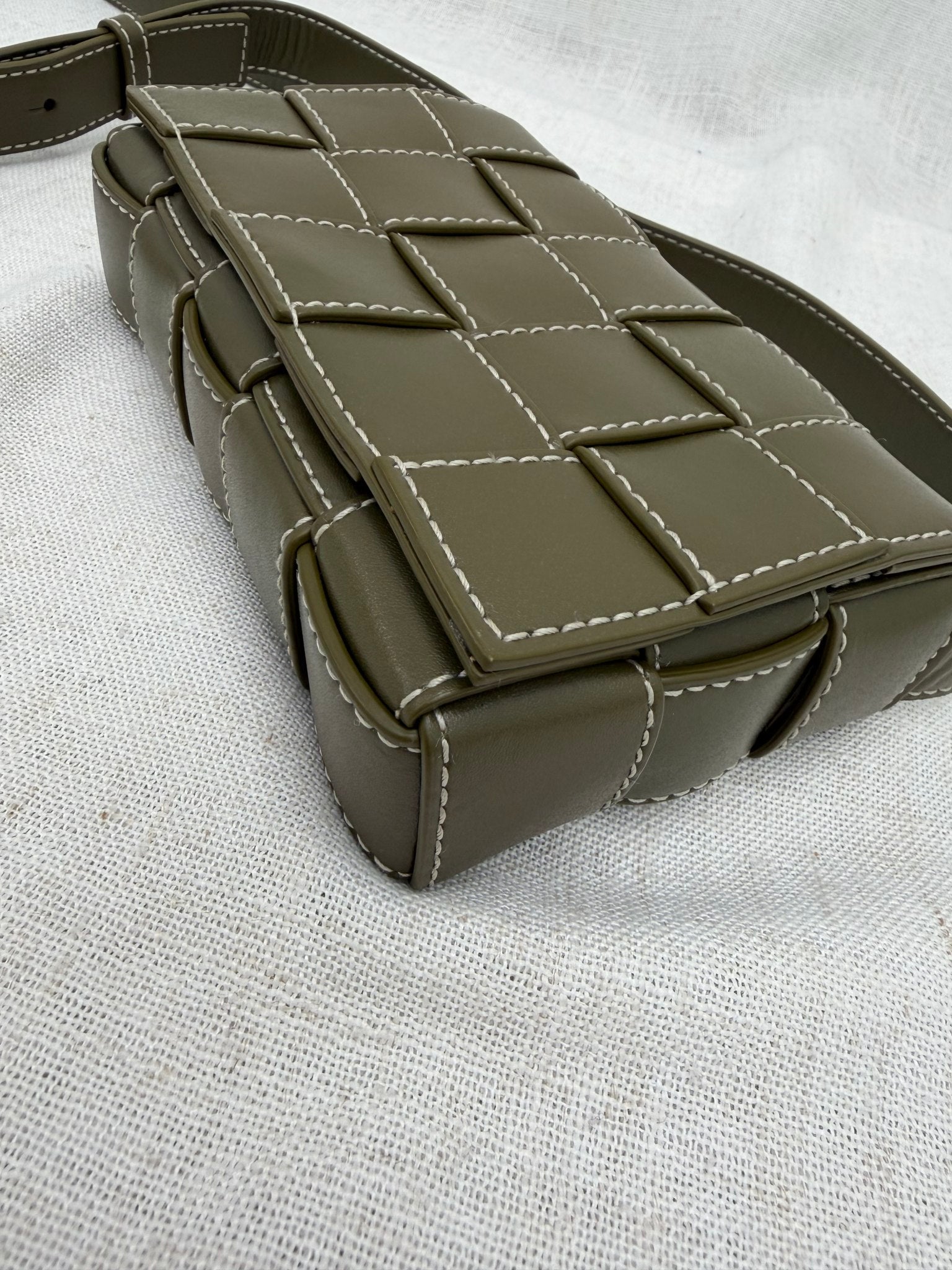 BRAND NEW- Bottega Veneta Olive Green Intracciato Leather Small Stitched Cassette Crossbody