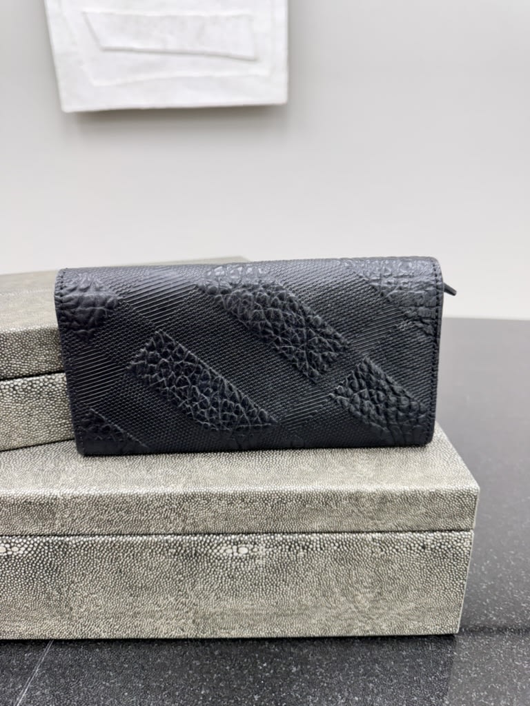 Burberry Black Embossed Leather Langley Long Wallet